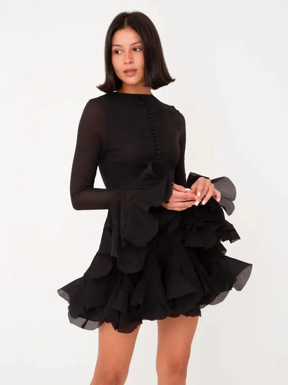 Ruffle Flare Mini Dress in black chiffon with bell sleeves and full flounce hem, perfect for parties and special occasions.