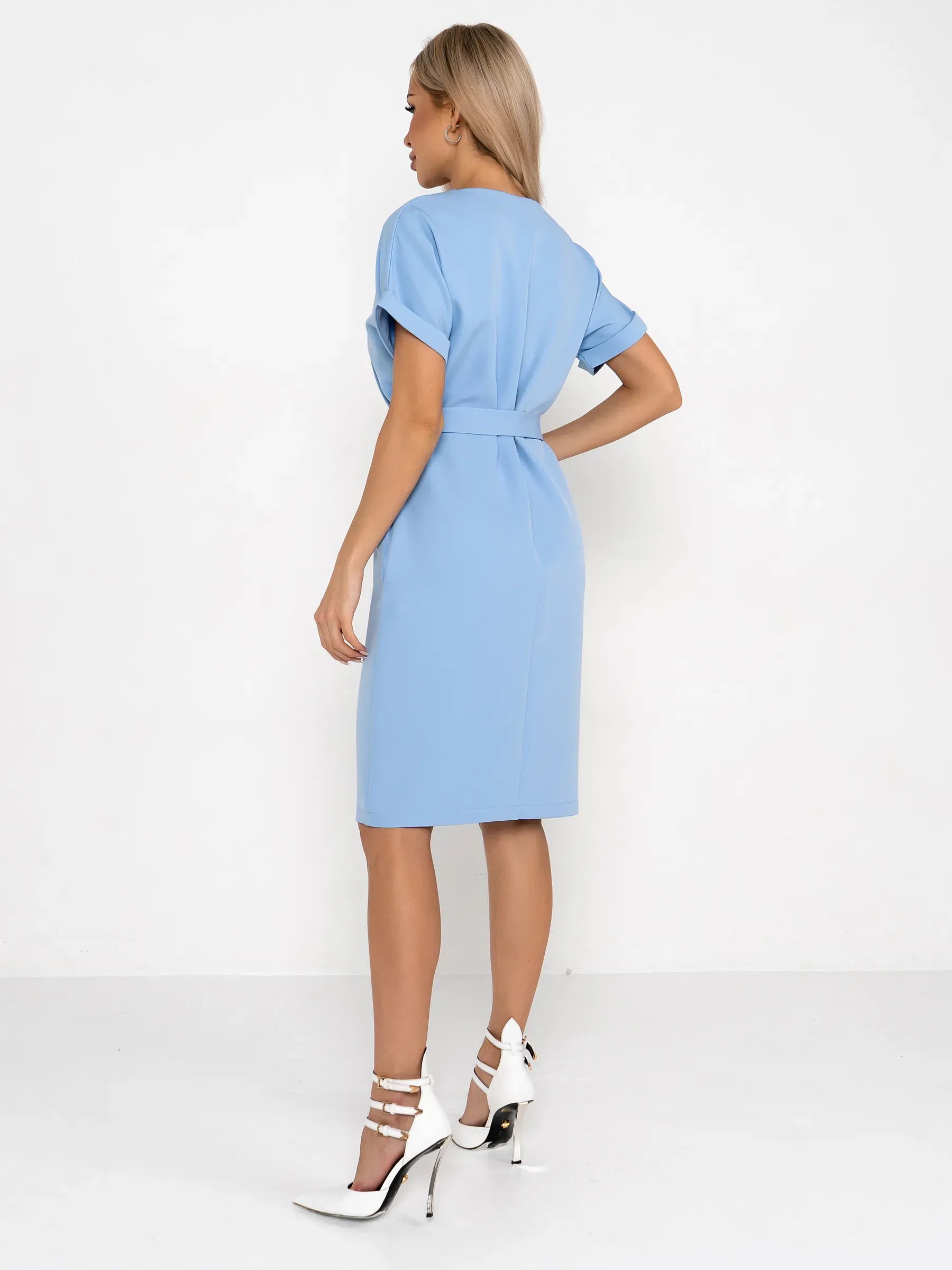 Light blue mini dress with rolled sleeves and optional self-tie belt, perfect for summer events and formal occasions.