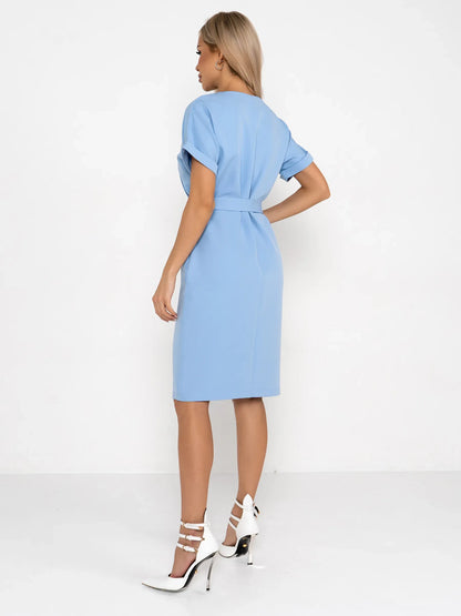 Light blue mini dress with rolled sleeves and optional self-tie belt, perfect for summer events and formal occasions.