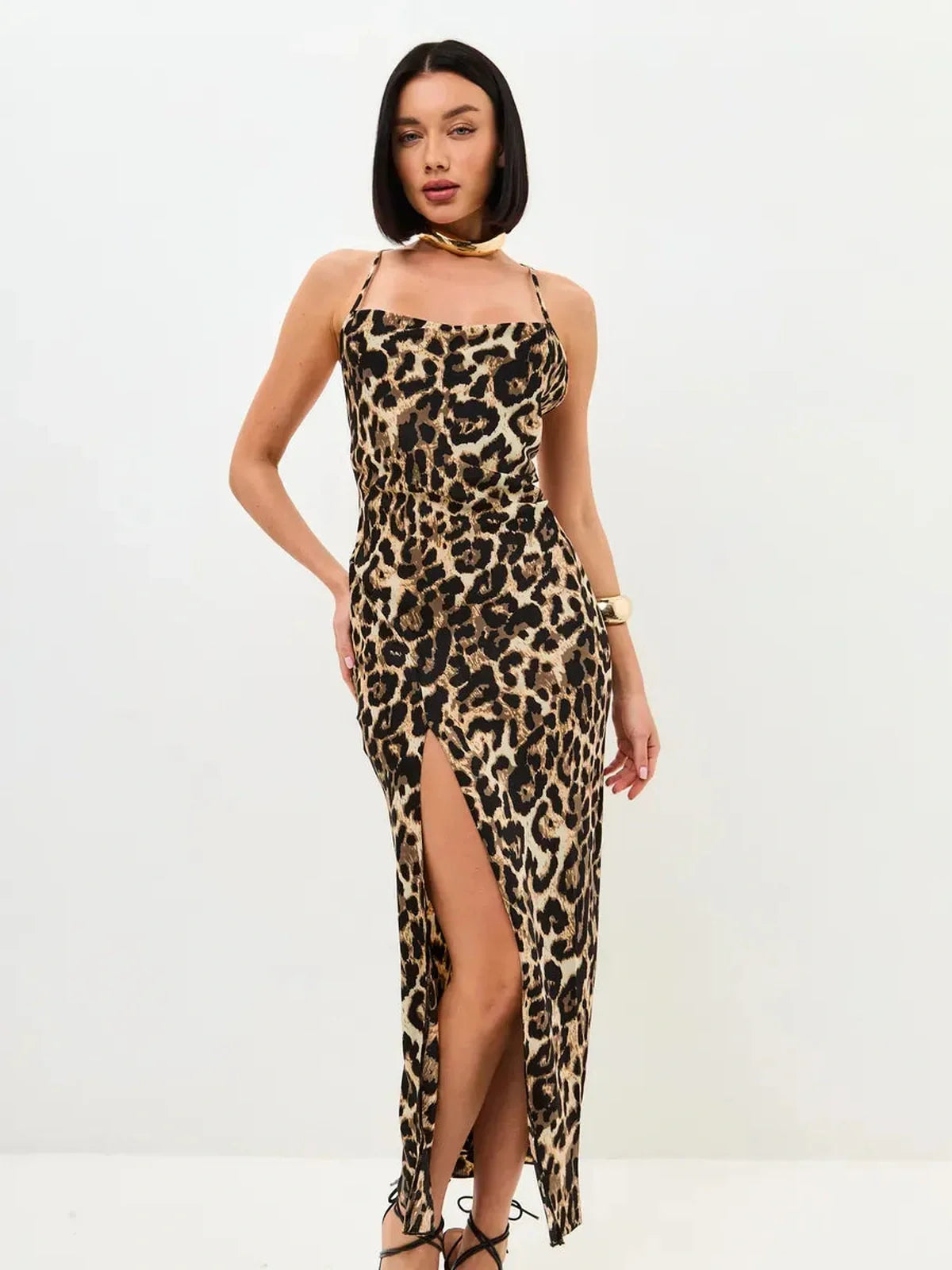 Savage Slip Midi Dress in leopard print featuring a sultry slit and chic strappy design, perfect for formal occasions.