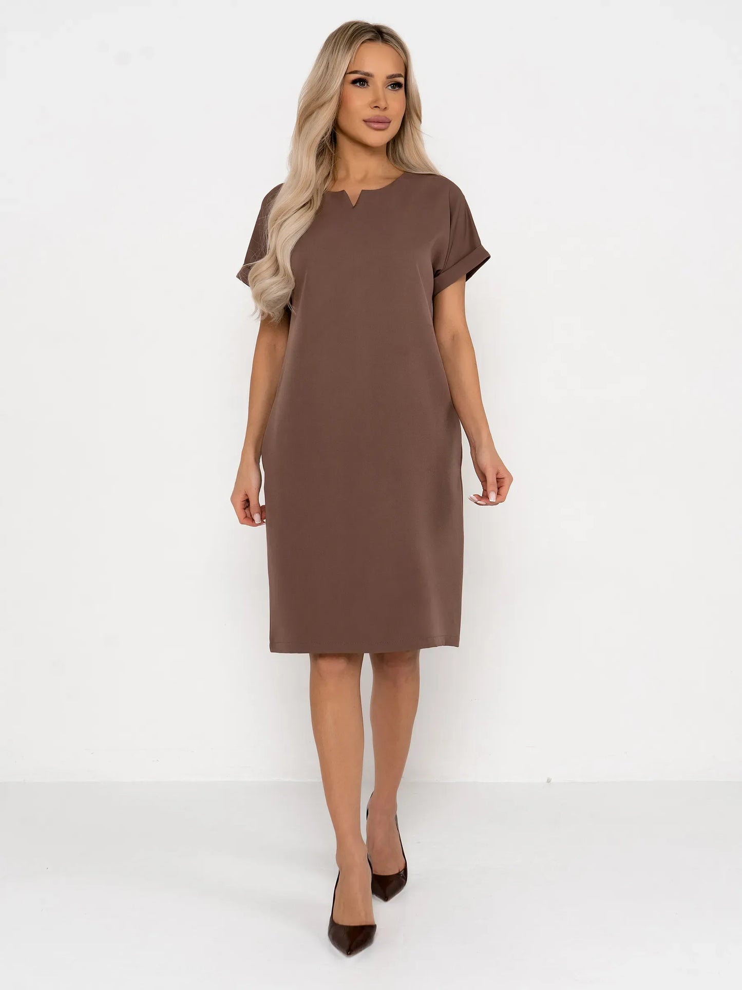 Mocha Frame mini dress in rich taupe, featuring a clean neckline and removable belt, perfect for summer and formal occasions.