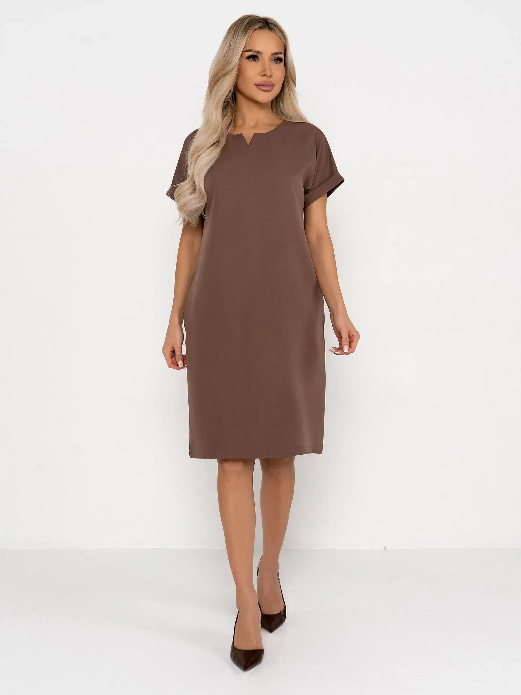 Mocha Frame mini dress in rich taupe, featuring a clean neckline and removable belt, perfect for summer and formal occasions.