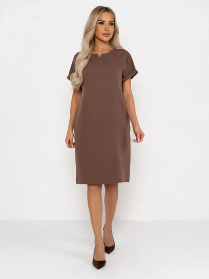 Mocha Frame mini dress in rich taupe, featuring a clean neckline and removable belt, perfect for summer and formal occasions.