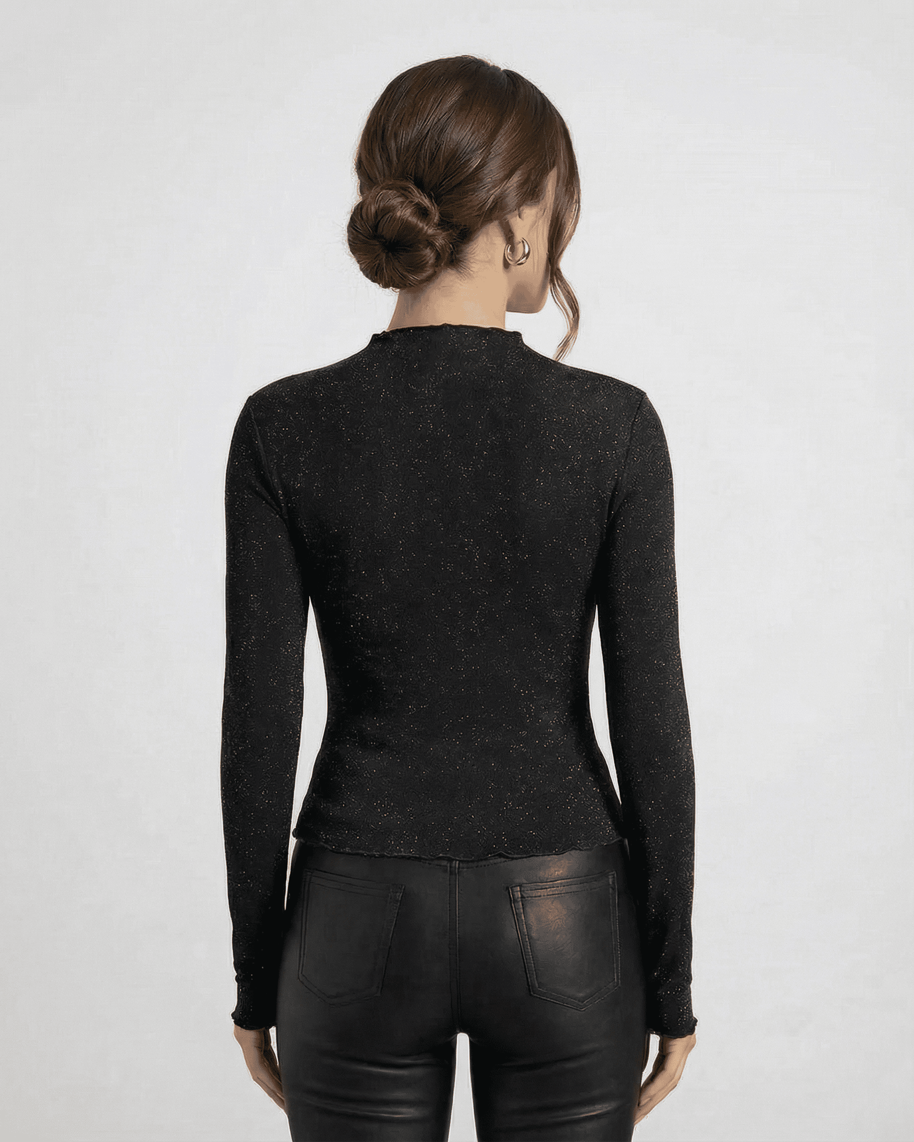 Onyx Blouse by Slimona - Back view of long sleeve sequin blouse with round neck in black.