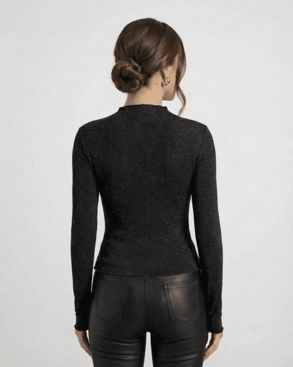 Onyx Blouse by Slimona - Back view of long sleeve sequin blouse with round neck in black.