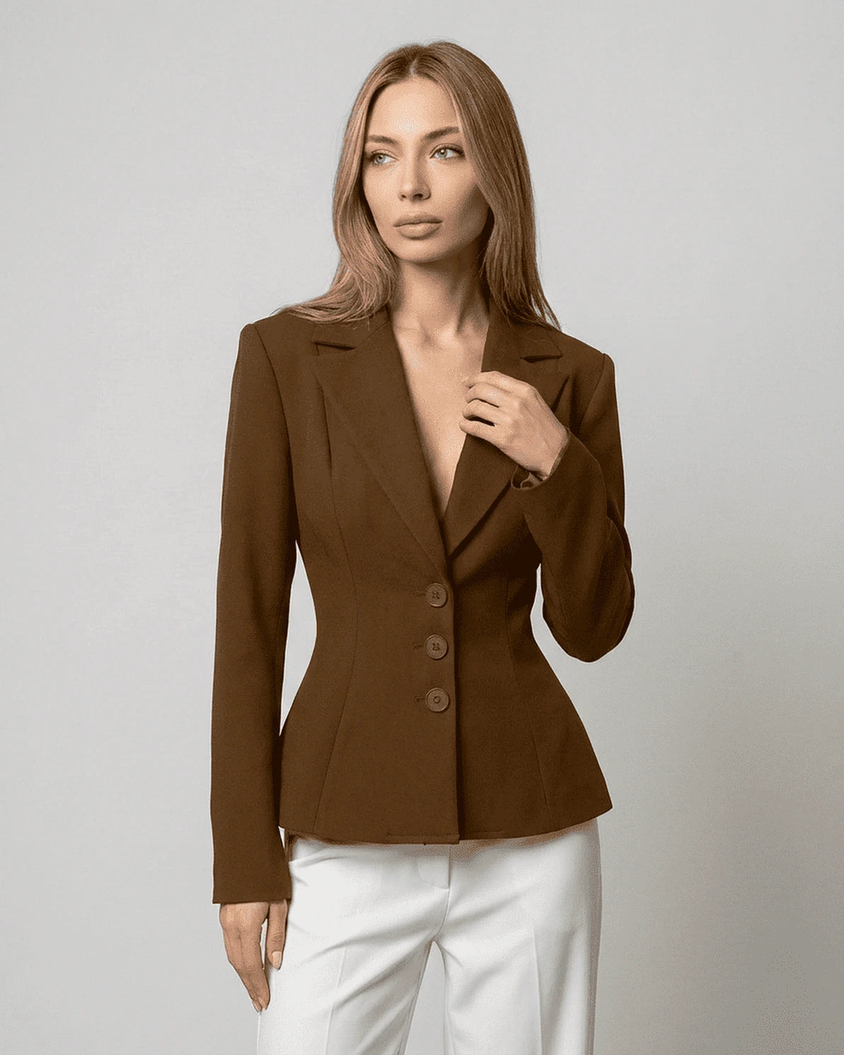 Sienna Blazer – Brown blazer, front view by Slimona