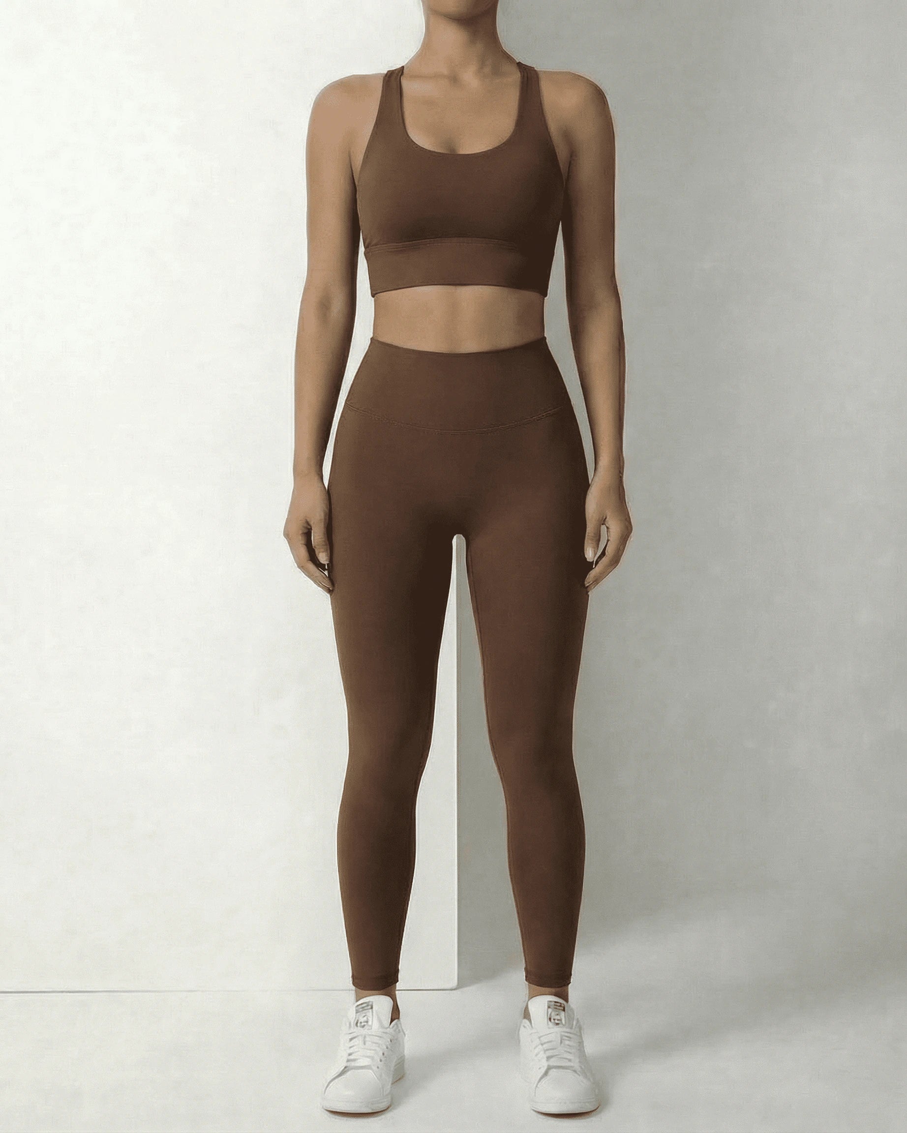 Hazel Leggings – Brown leggings, front view by Slimona