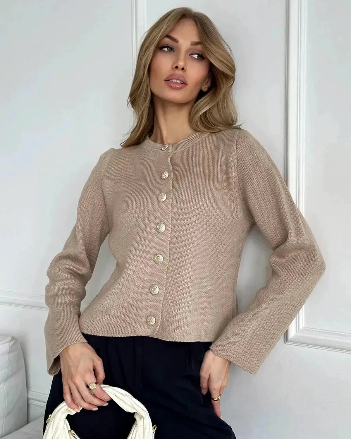 Sable Cardigan – Beige Knit cardigan, front view by Slimona