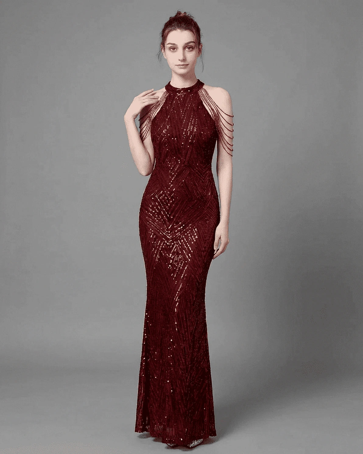 Ruby Maxi Dress – Red Velvet Halter maxi dress, front view by Slimona
