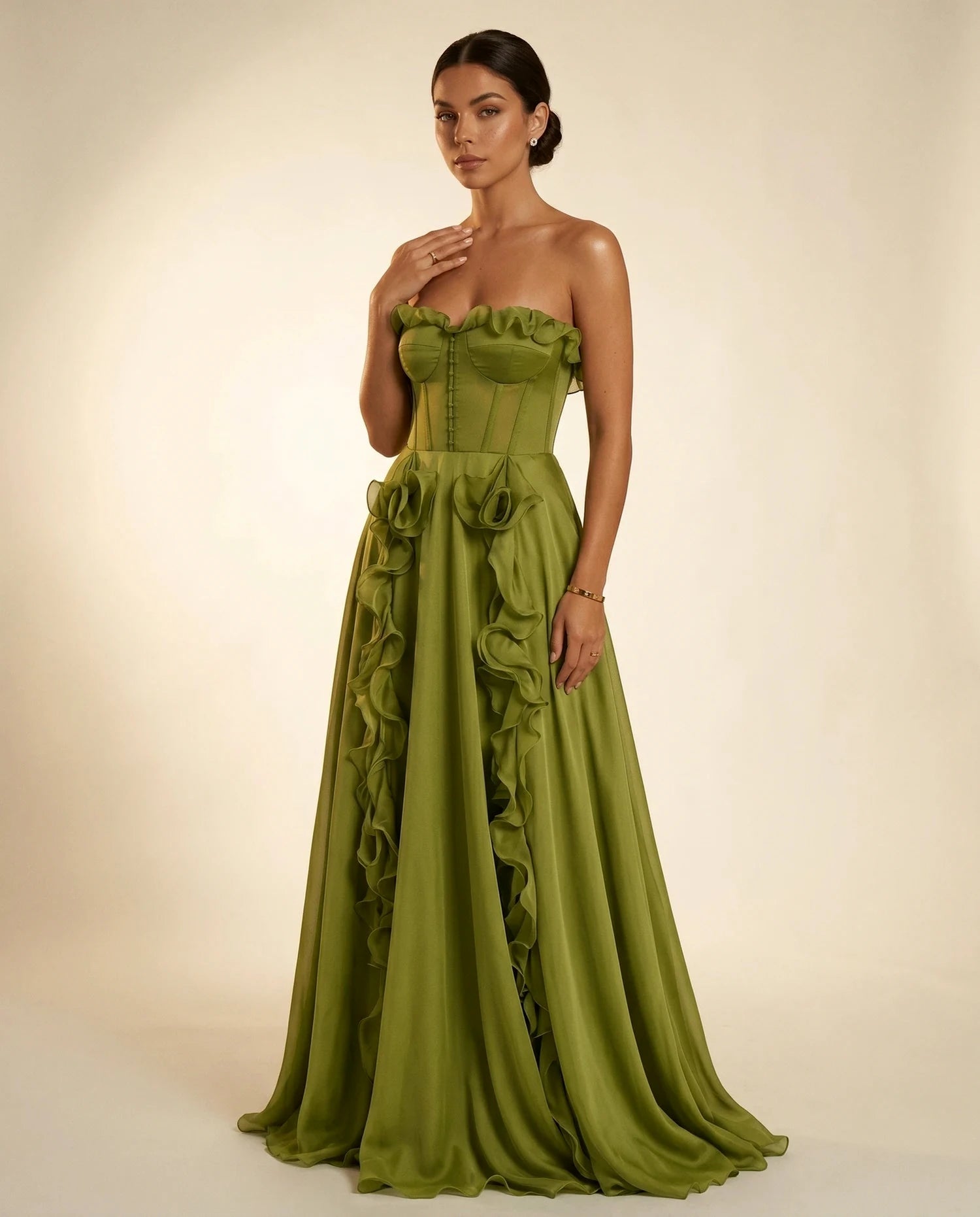 Verdessa Maxi Dress – Emerald Chiffon Strapless maxi dress, hero front view by Slimona