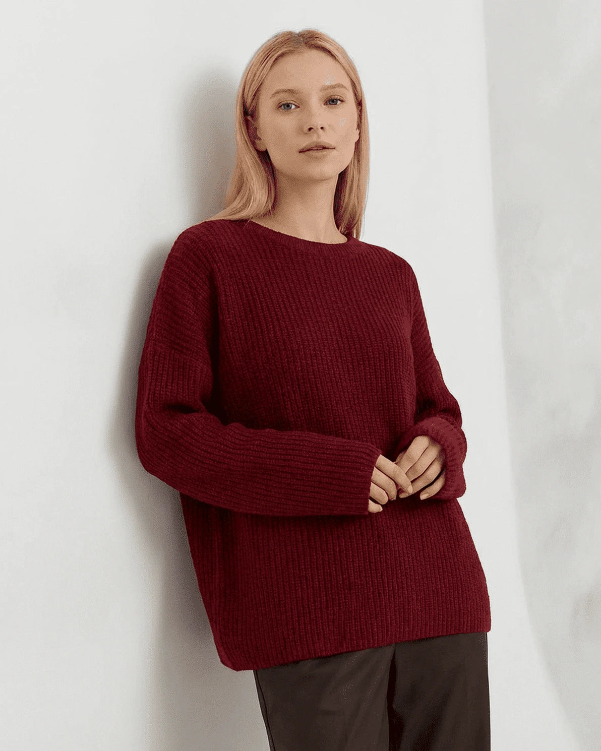 Marlo Sweater – Burgundy Cotton sweater, front view by Slimona