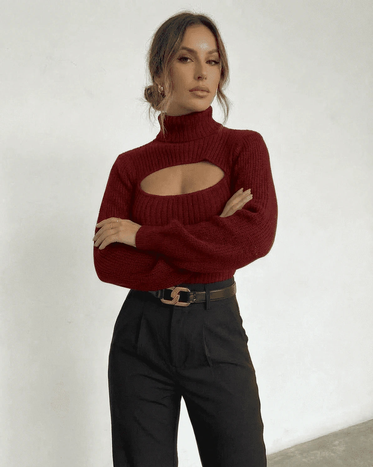 Merlot Sweater – Red Cotton sweater, front view by Slimona