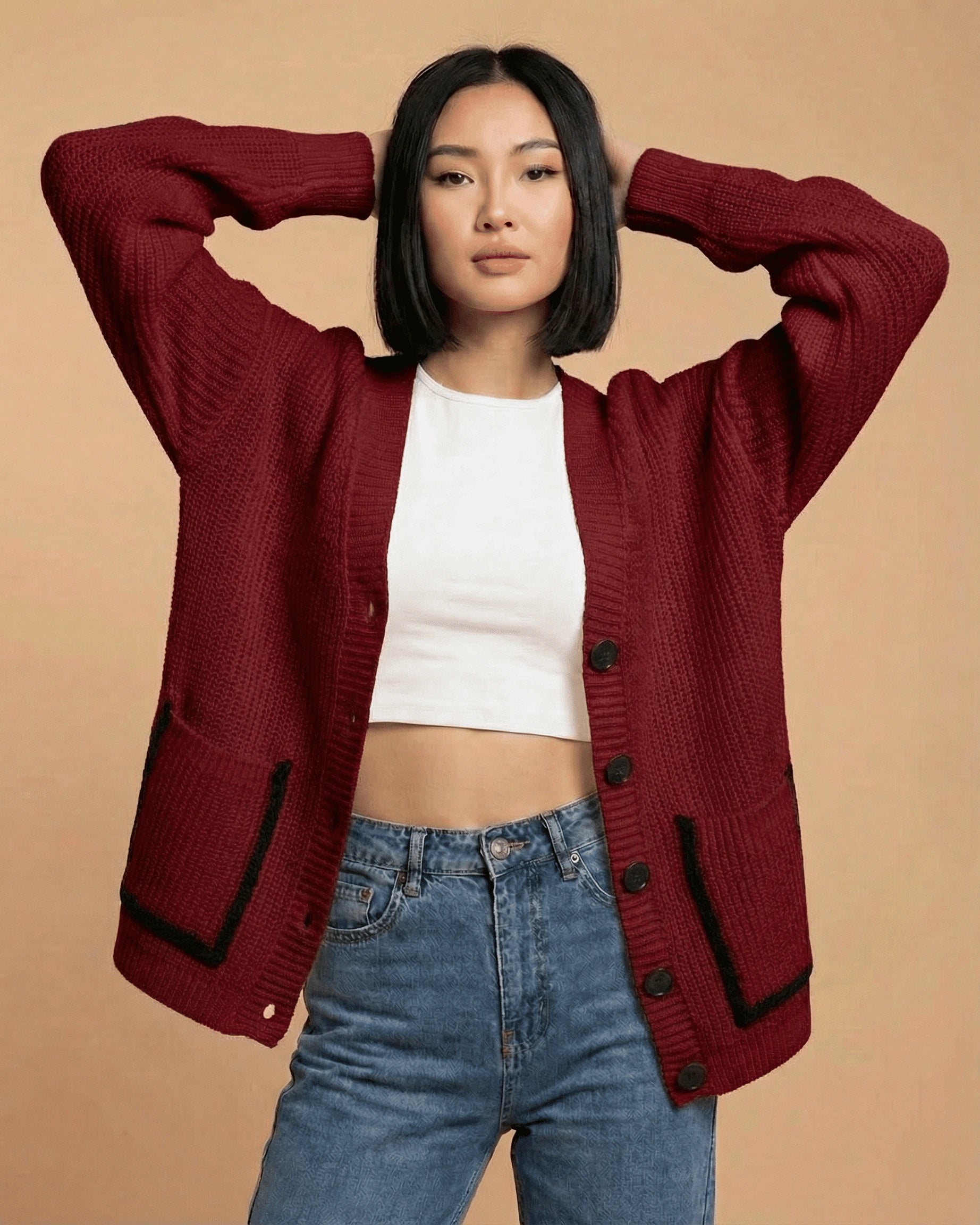 Merano Cardigan – Red Cotton cardigan, front view by Slimona