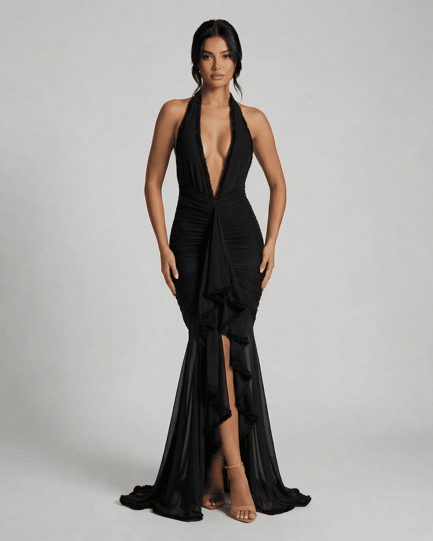 Dahlia Maxi Dress – Black V Neck maxi dress, front view by Slimona