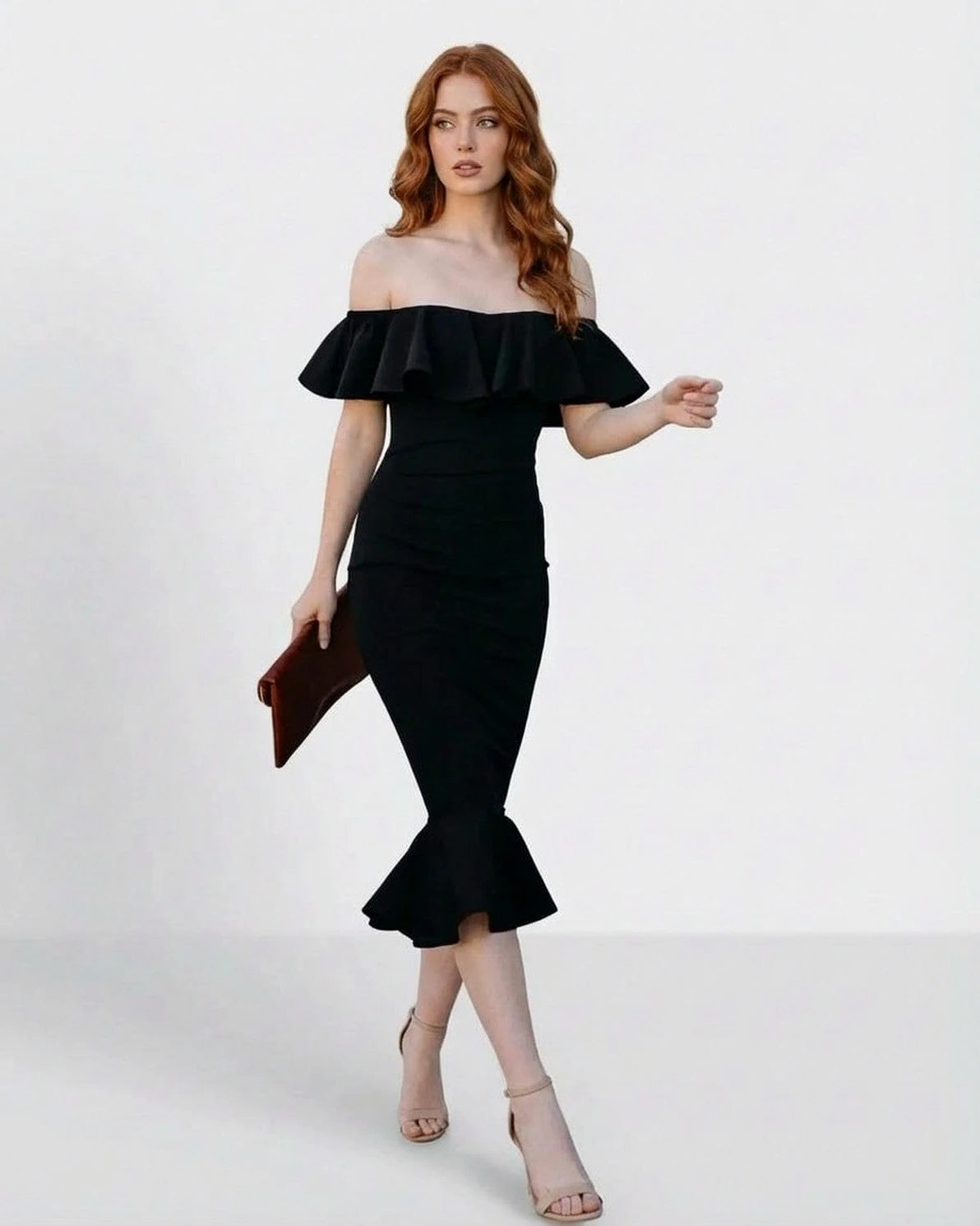 Noiréa Midi Dress – Black Off Shoulder midi dress, front view by Slimona
