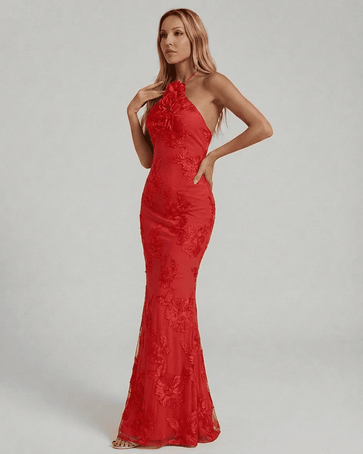 Rosalia Maxi Dress – Red Halter maxi dress, front view by Slimona