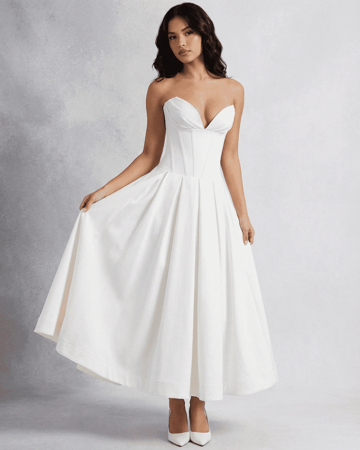 Venice Midi Dress – White Strapless midi dress, front view by Slimona