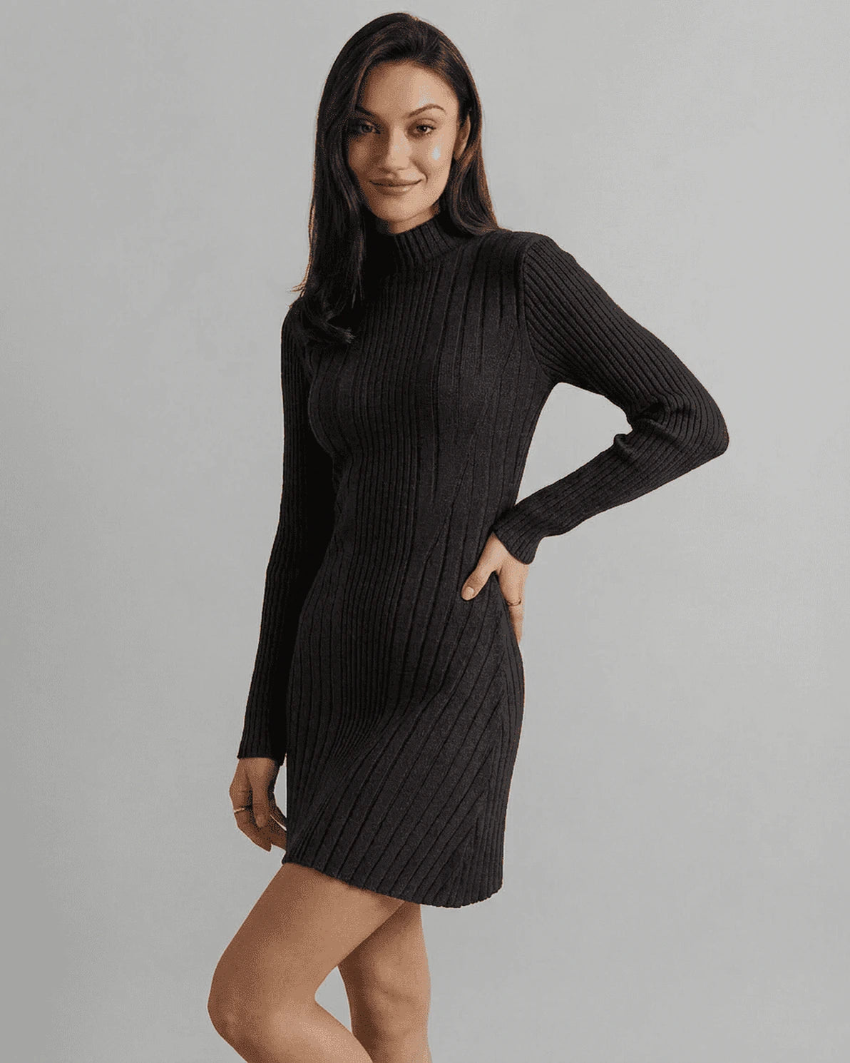 Milano Mini Dress – Black Ribbed Turtleneck mini dress, front view by Slimona