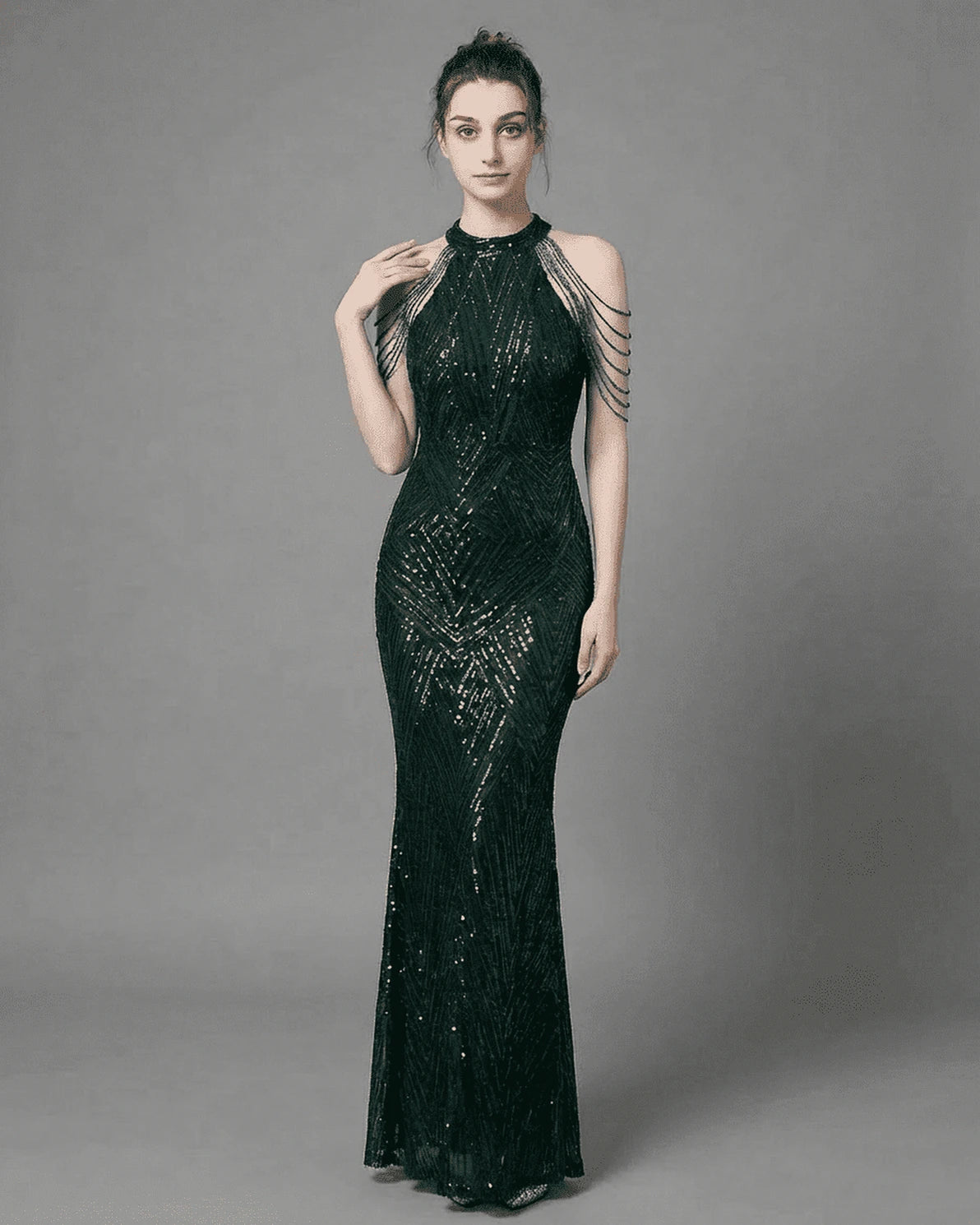 Emerald Maxi Dress – Emerald Velvet Halter maxi dress, front view by Slimona