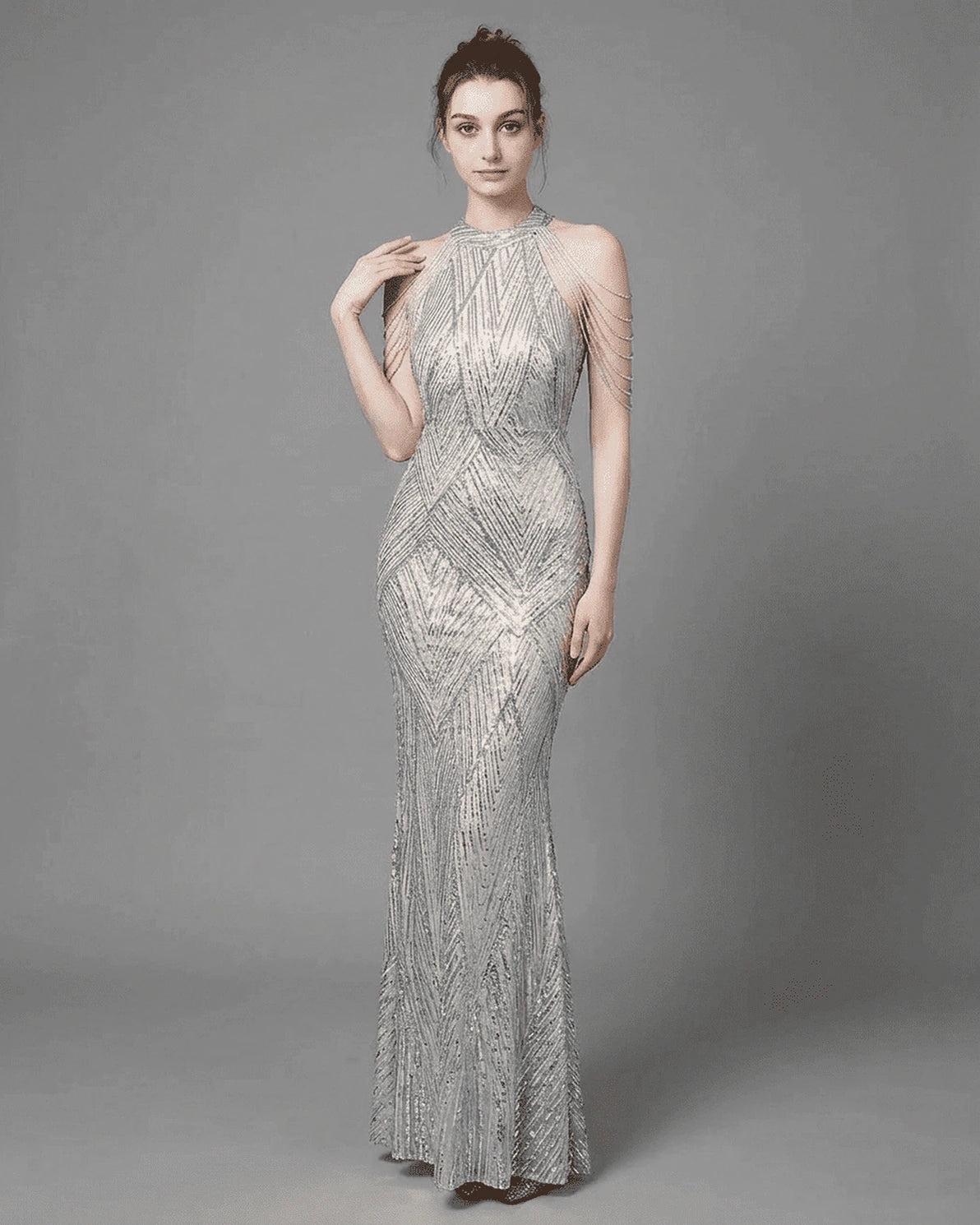 Luxe Maxi Dress – Silver Velvet Halter maxi dress, front view by Slimona
