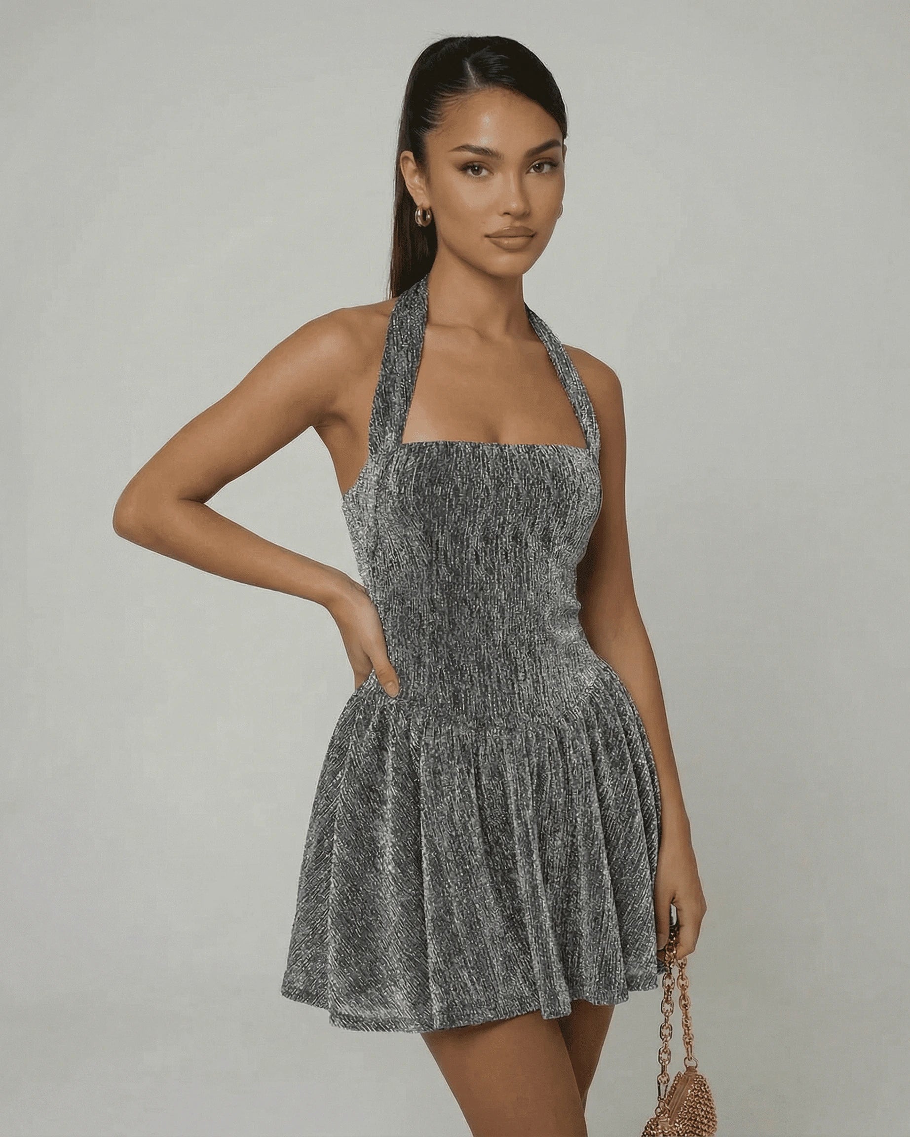 Milan Mini Dress – Silver Sequin Halter mini dress, front view by Slimona