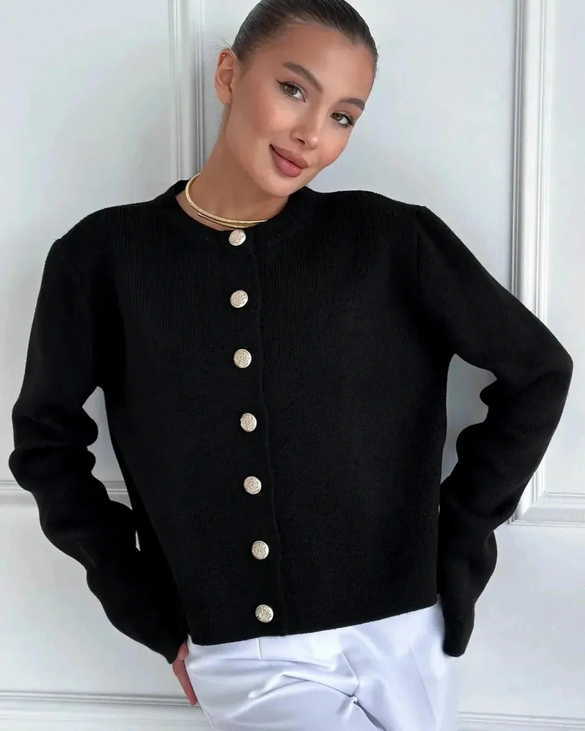 Noir Cardigan – Black Knit cardigan, front view by Slimona