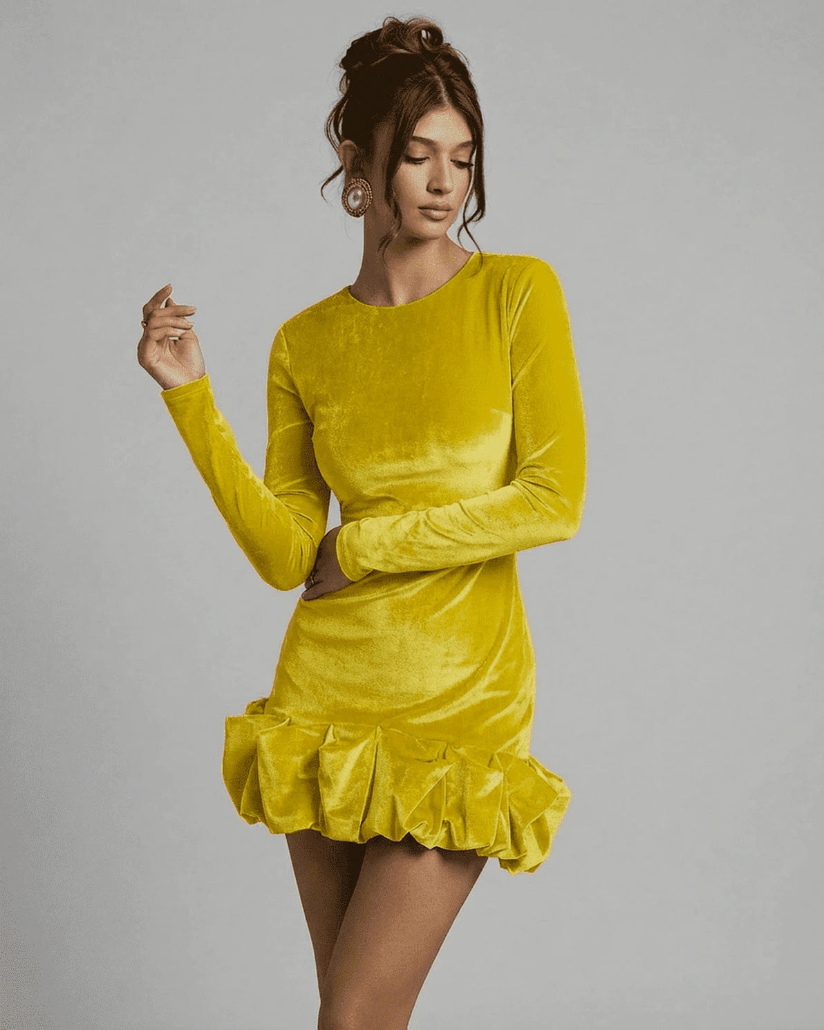 Velora Mini Yellow – Yellow Velvet Crew Neck mini dress, front view by Slimona