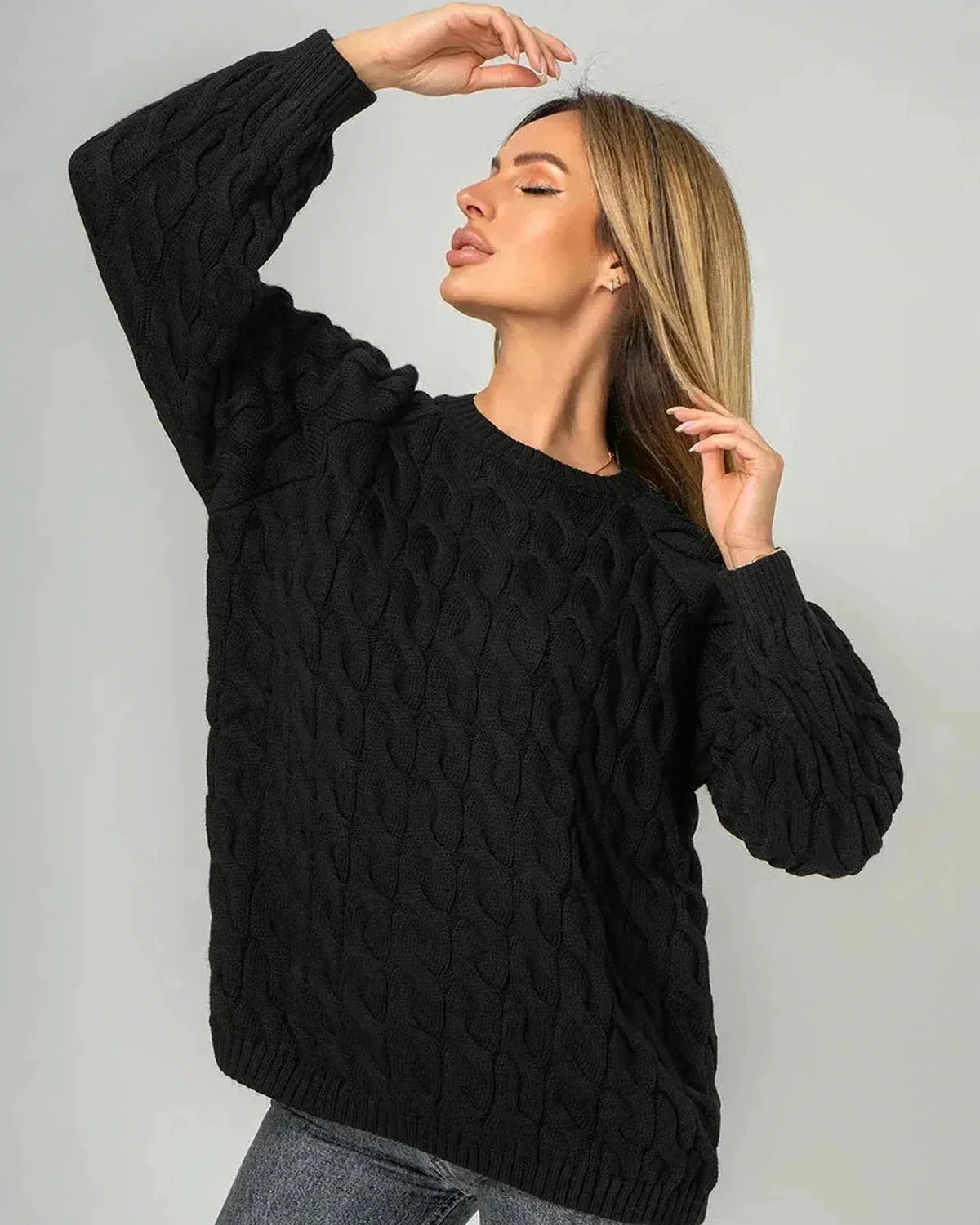 Vega Sweater – Black Cotton sweater, front view by Slimona