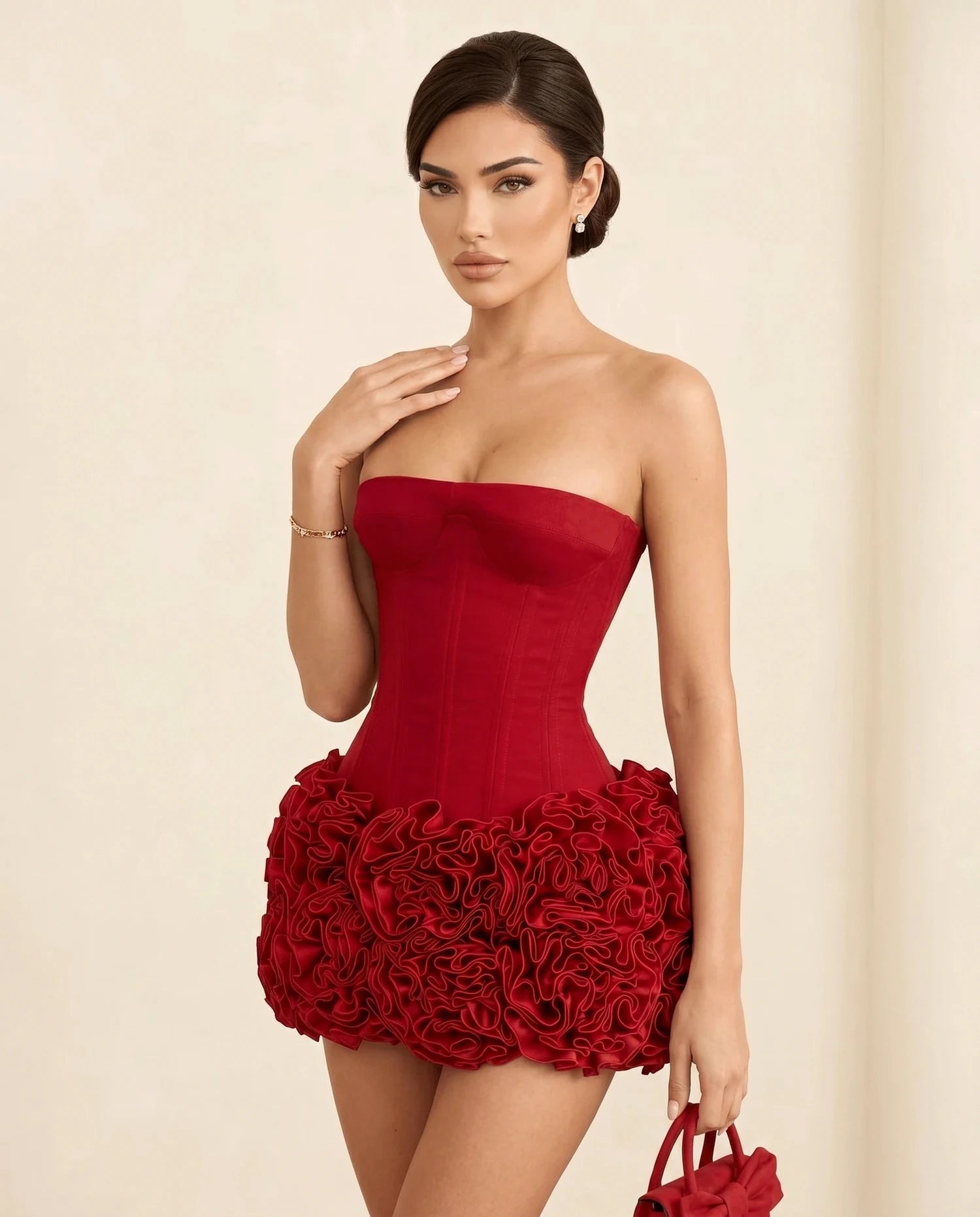 Siena Mini Dress – Nude Lace Strapless mini dress, hero front view by Slimona