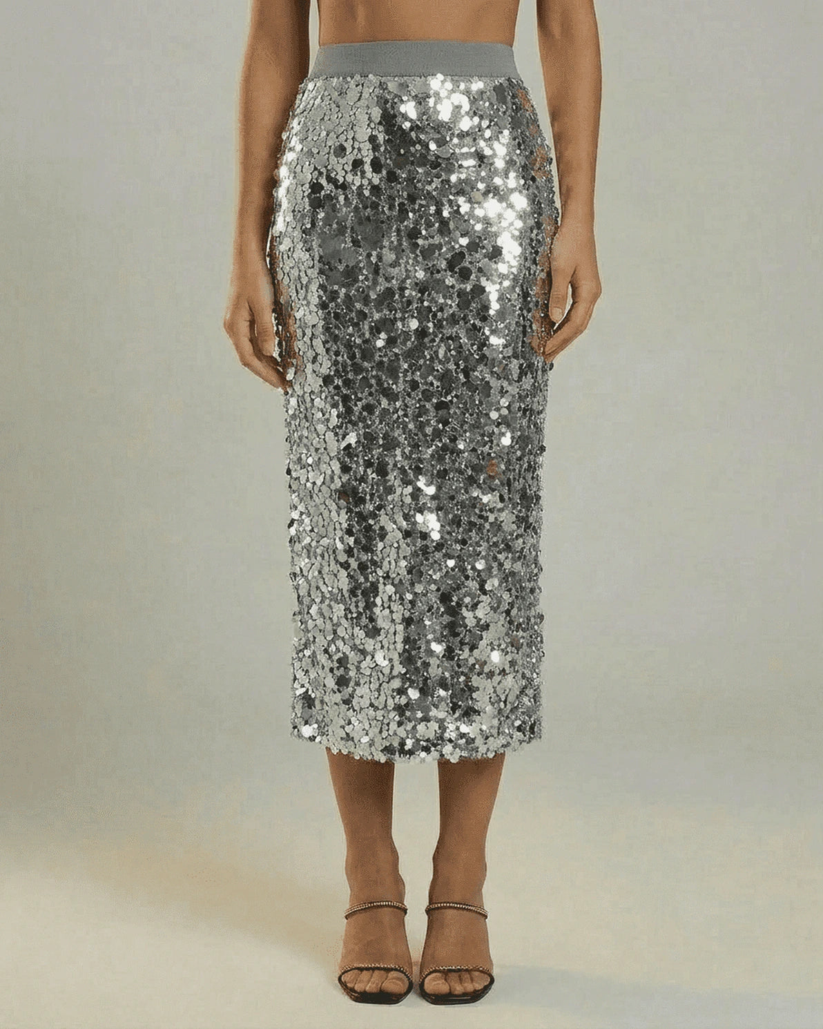 Silvara Midi Skirt – Grey Sequin midi skirt, front view by Slimona