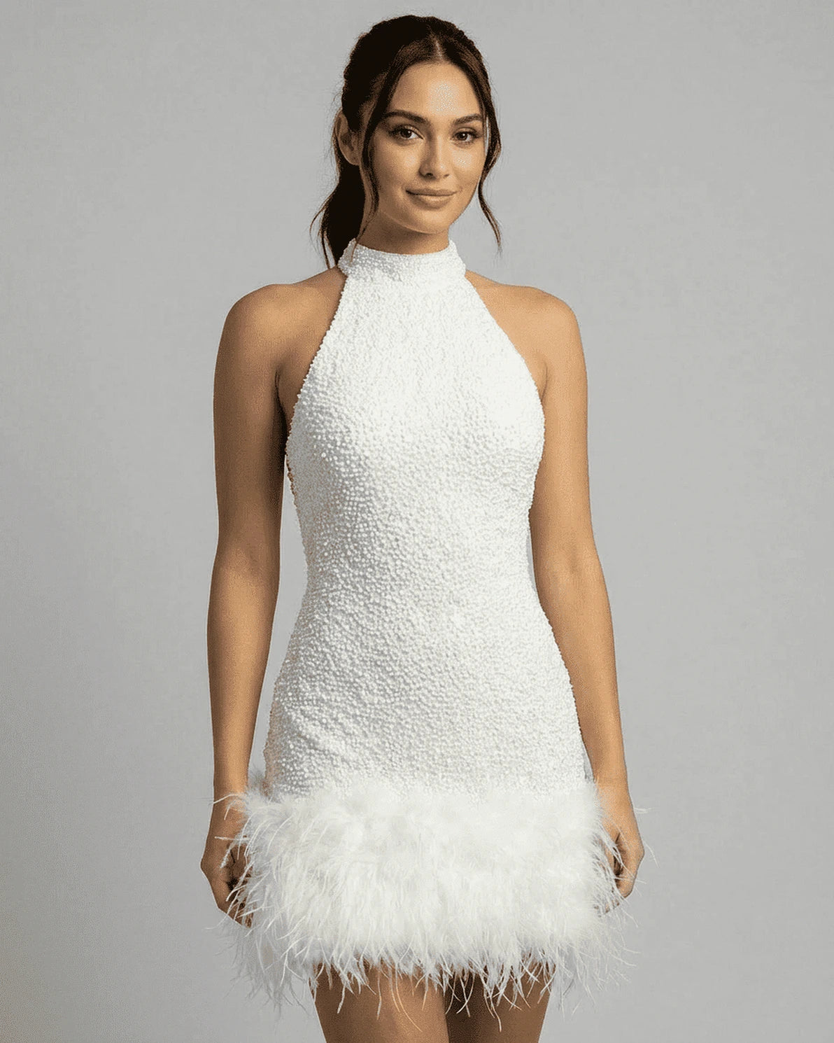 Bianca Mini Dress – White Sequin Halter mini dress, front view by Slimona