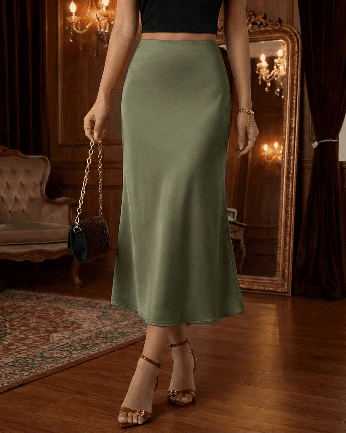 Olivia Midi Skirt – Olive Satin midi skirt, front view by Slimona