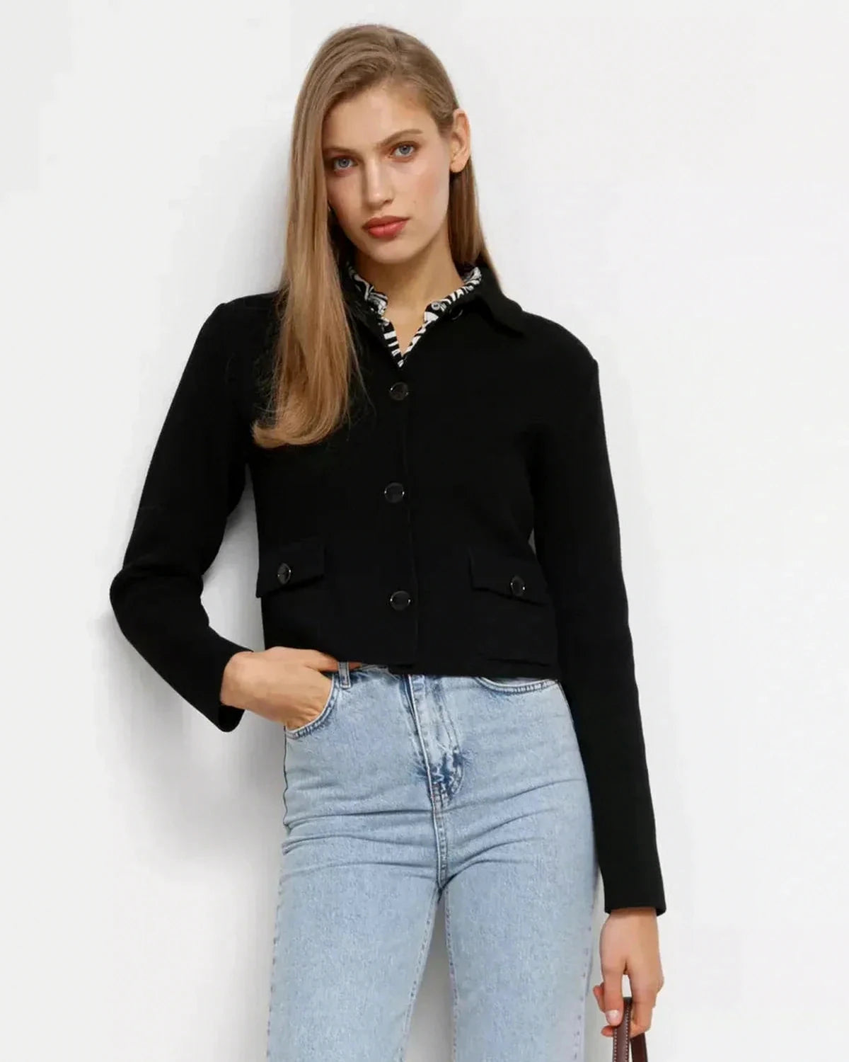 Noir Jacket – Black Cotton jacket, front view by Slimona