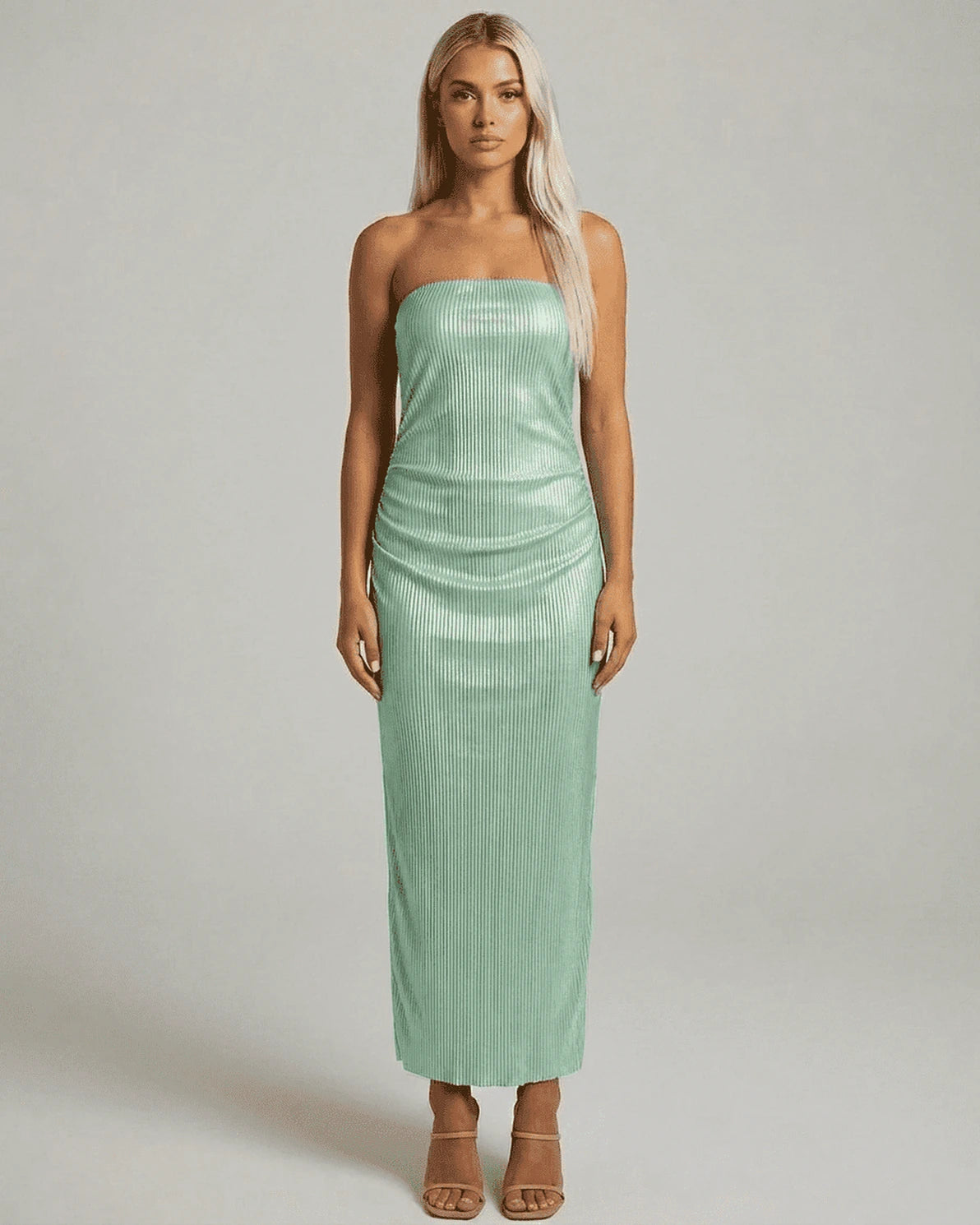 Minté Maxi Dress – Mint Cotton Strapless maxi dress, side view by Slimona