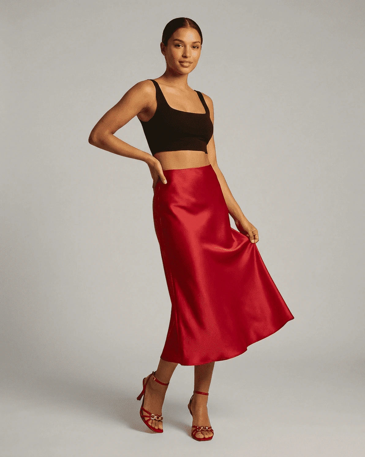 Rosalia Midi Skirt – Red Satin midi skirt, side view by Slimona