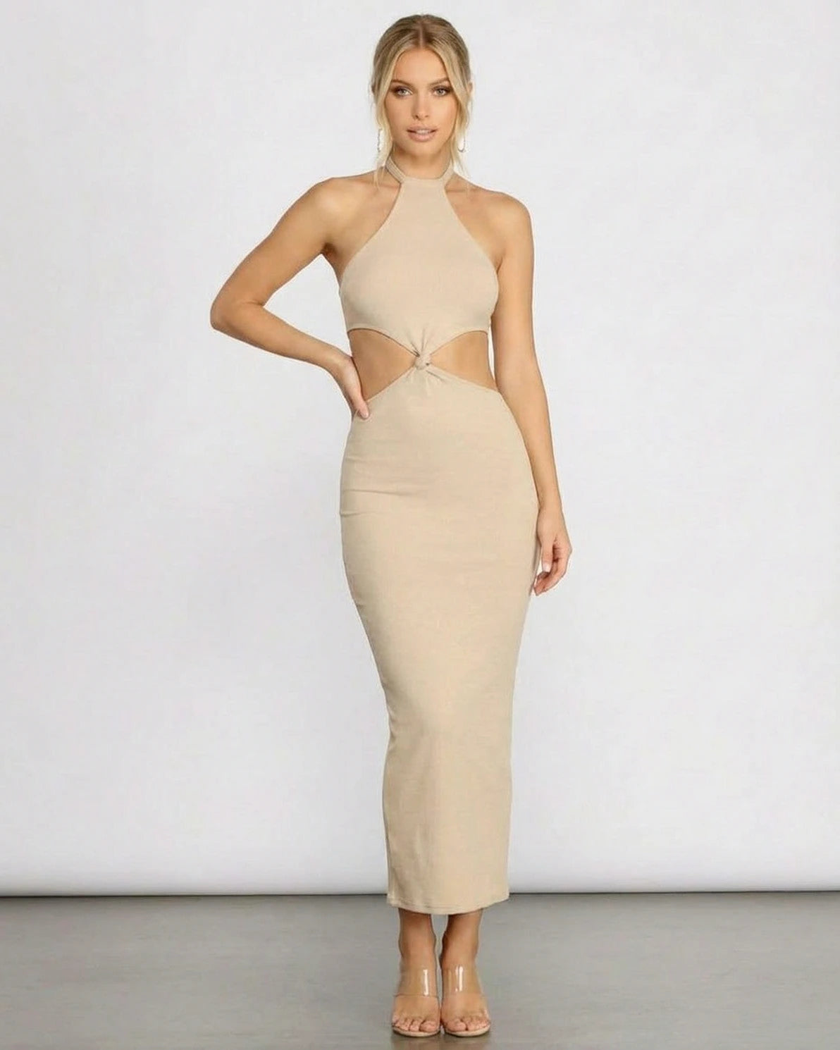 Nina Midi Dress – Tan Halter midi dress, side view by Slimona