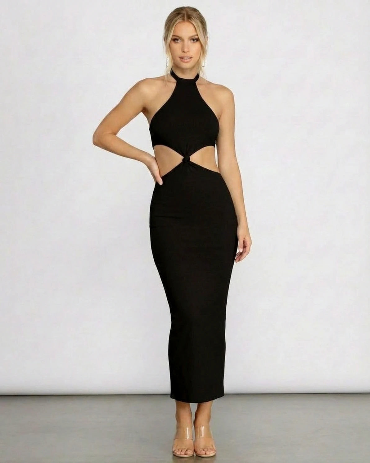 Seren Midi Dress – Black Ribbed Halter midi dress, side view by Slimona