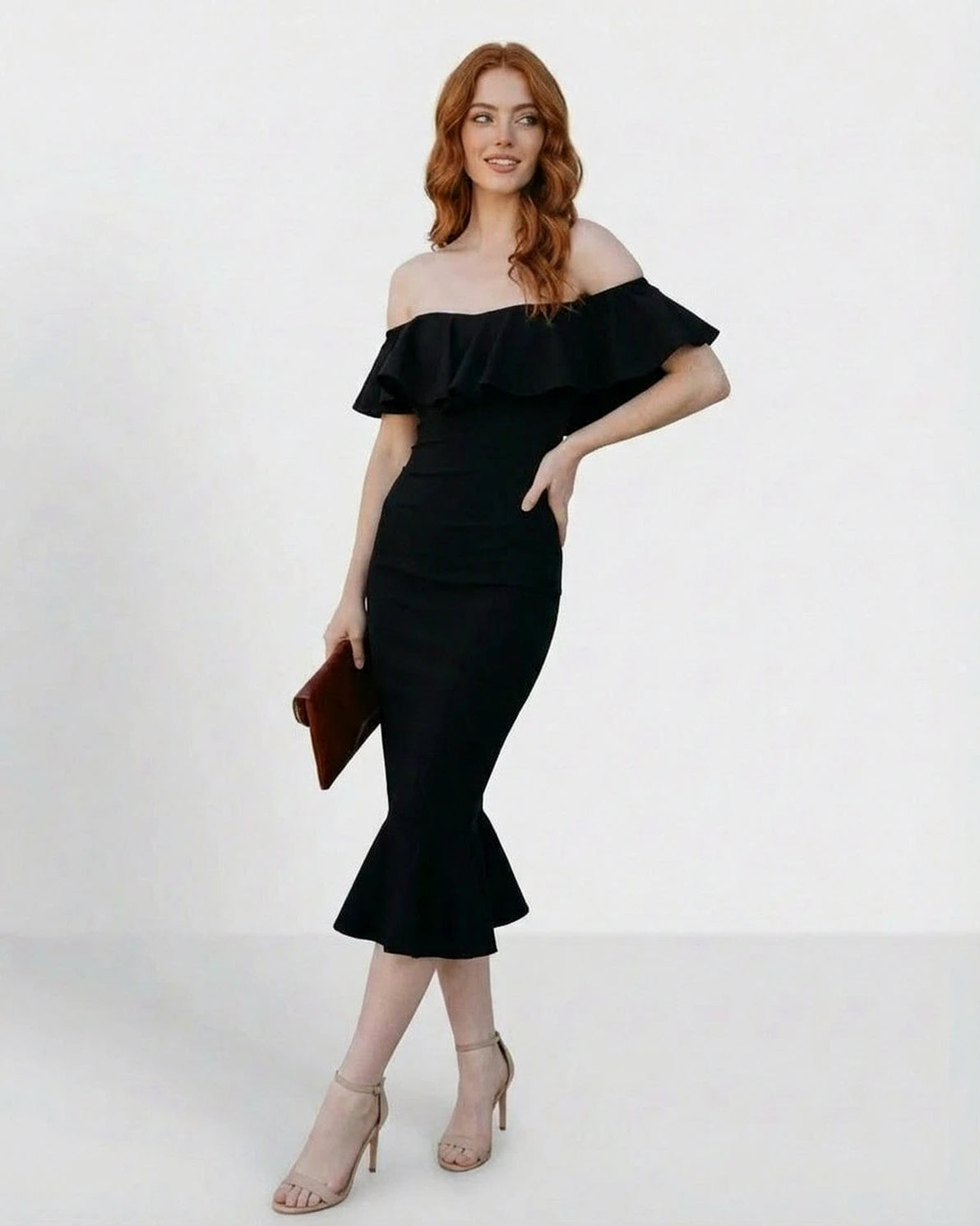 Noiréa Midi Dress – Black Off Shoulder midi dress, side view by Slimona