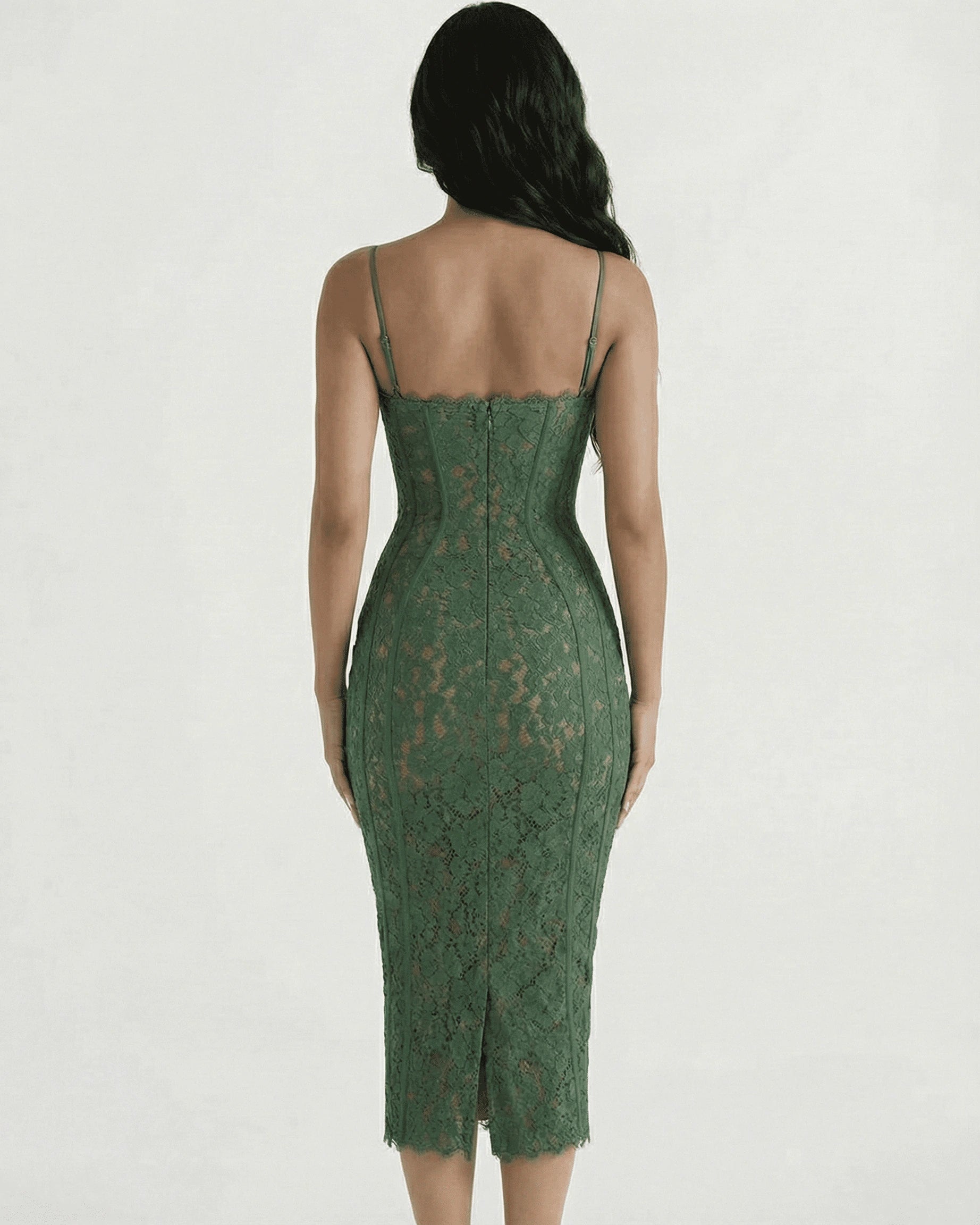 Siena Midi Dress – Green Lace Round Neck midi dress, side view by Slimona