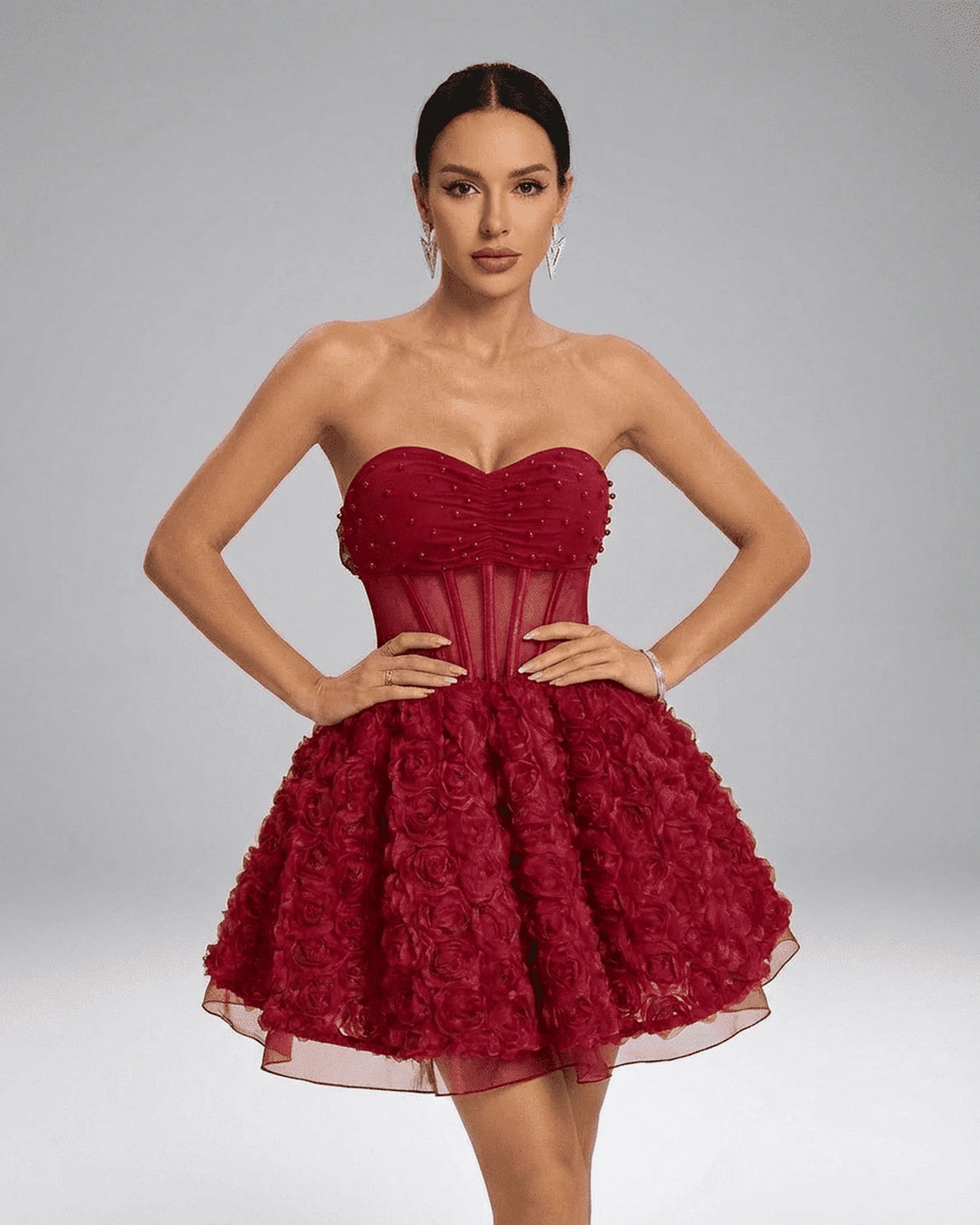 Talia Mini Dress – Red Mesh Strapless mini dress, side view by Slimona