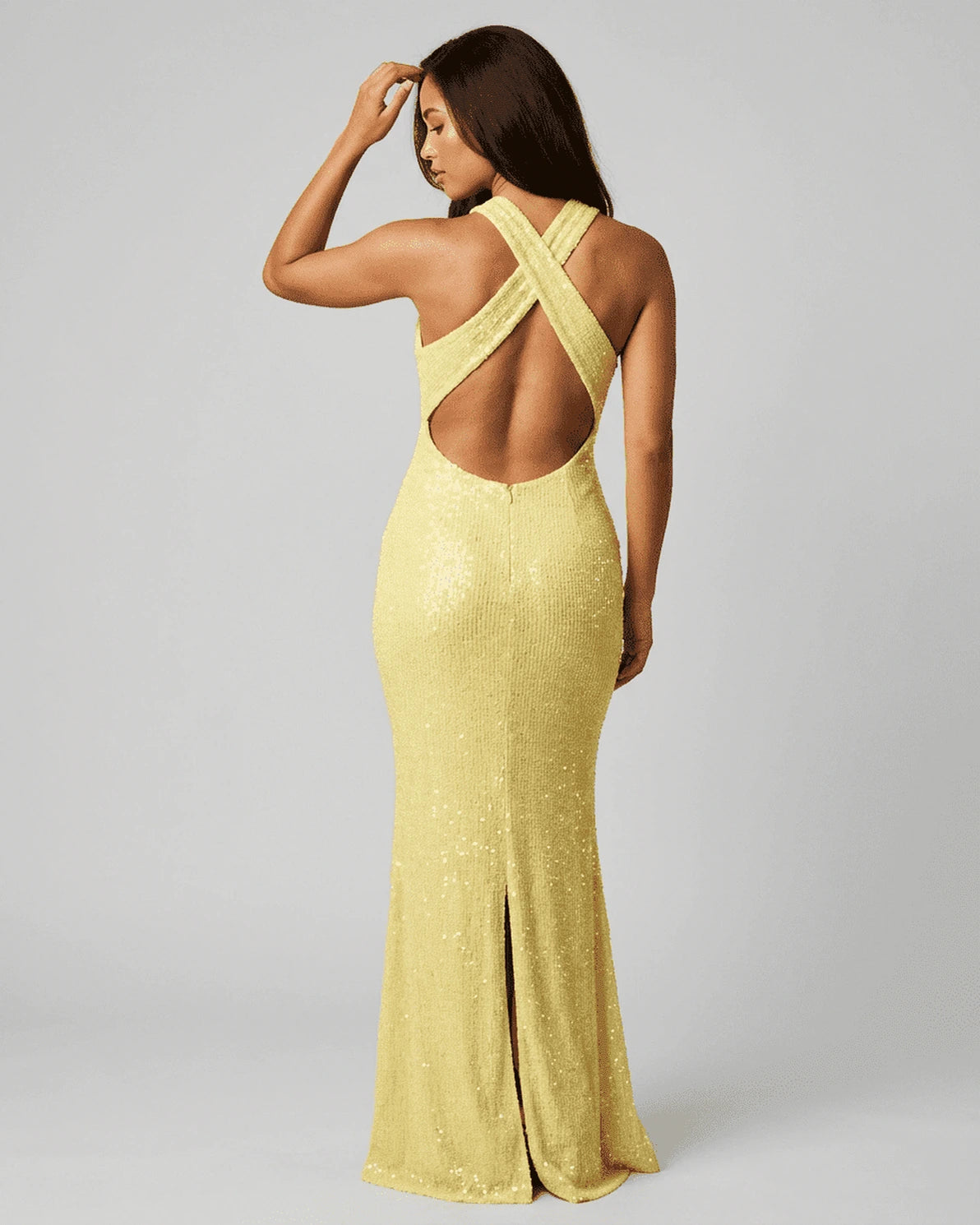 Solara Maxi Dress – Yellow Sequin V Neck maxi dress, side view by Slimona