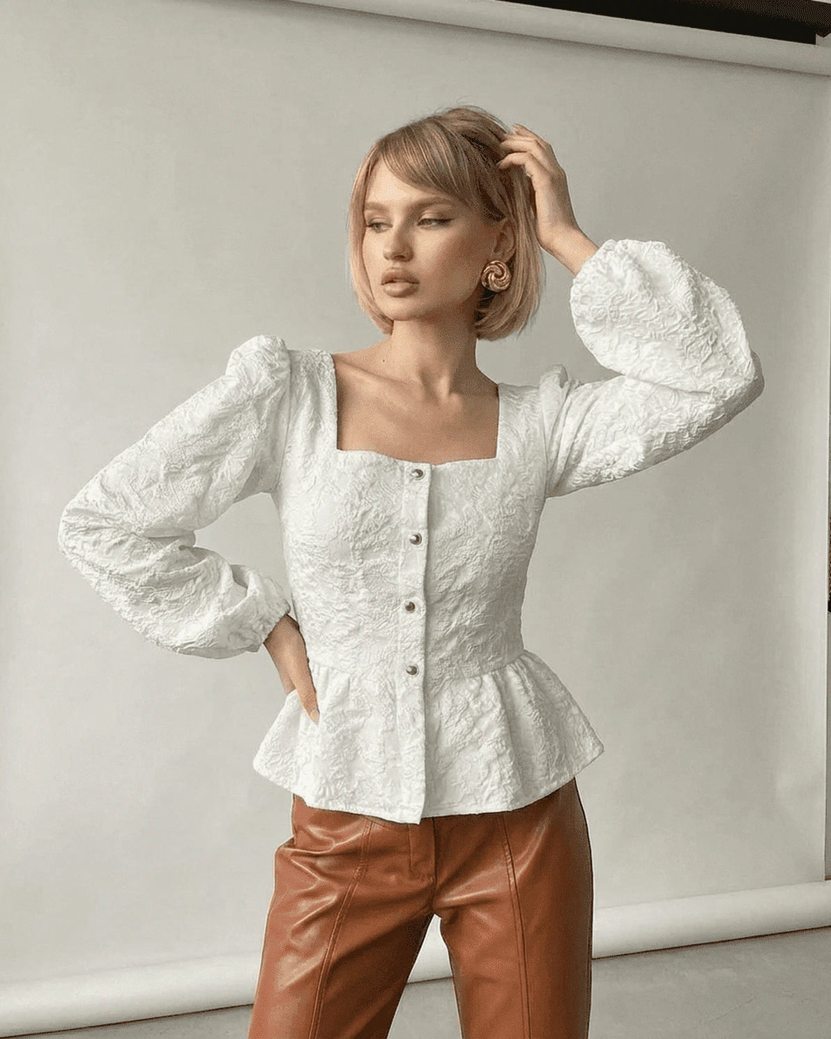 Ivory Corset Top – White Jacquard Square Neck blouse, side view by Slimona