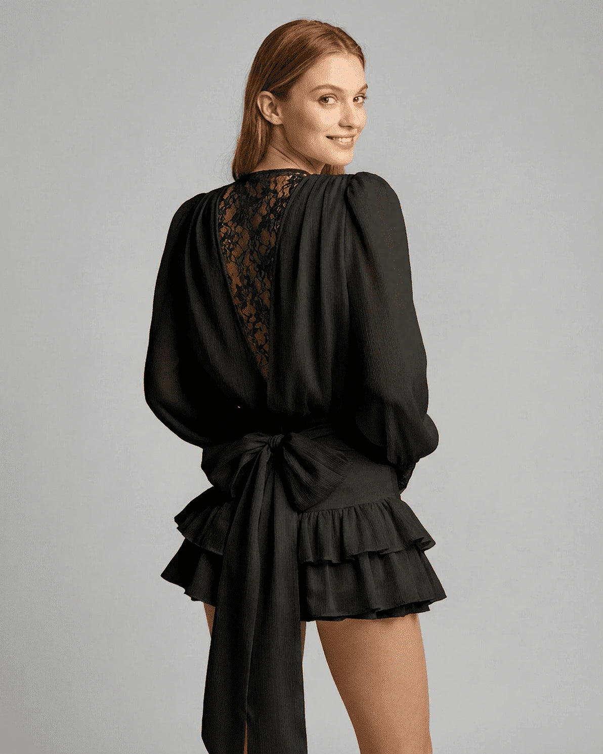 Noir Mini Dress – Black Lace V Neck mini dress, side view by Slimona
