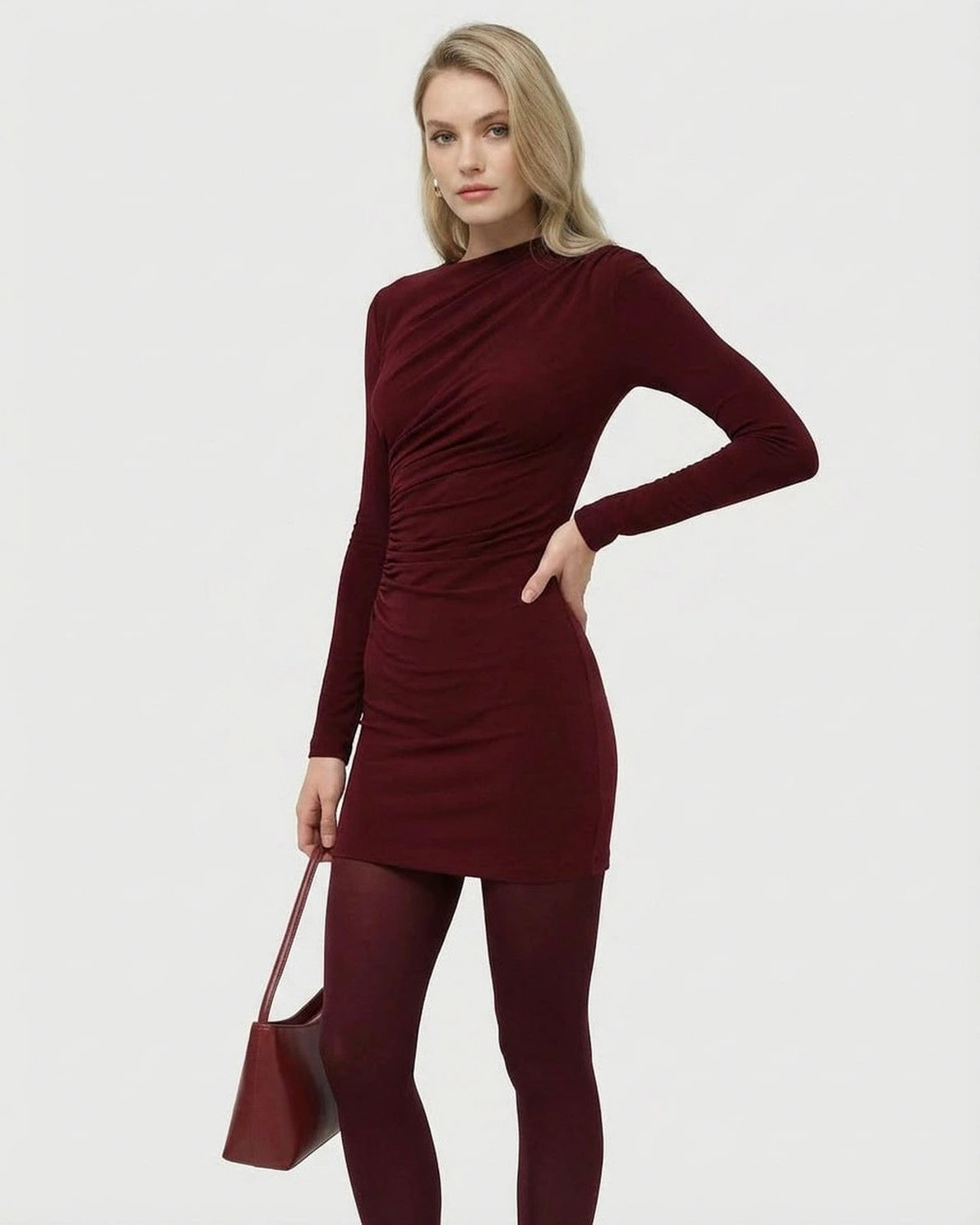 Bordeaux Mini Dress – Wine Round Neck mini dress, side view by Slimona