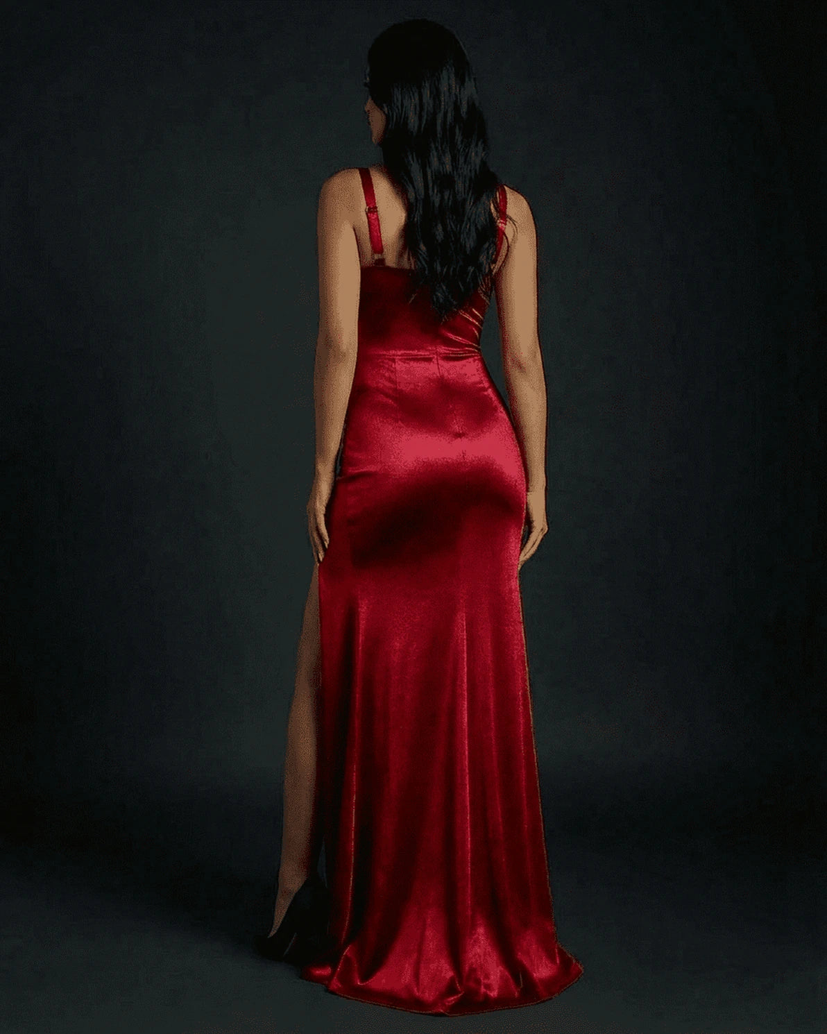 Celestia Maxi Dress – Red Satin Square Neck maxi dress, side view by Slimona