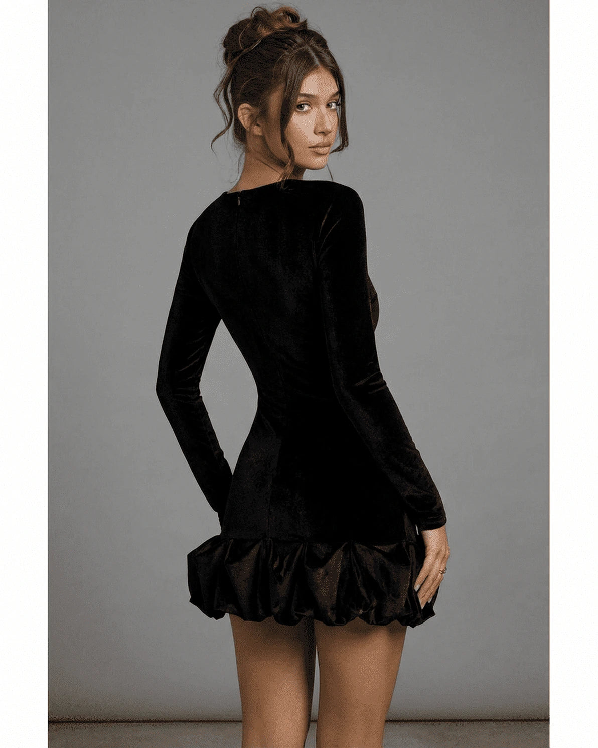 Velora Mini – Black Velvet Crew Neck mini dress, side view by Slimona