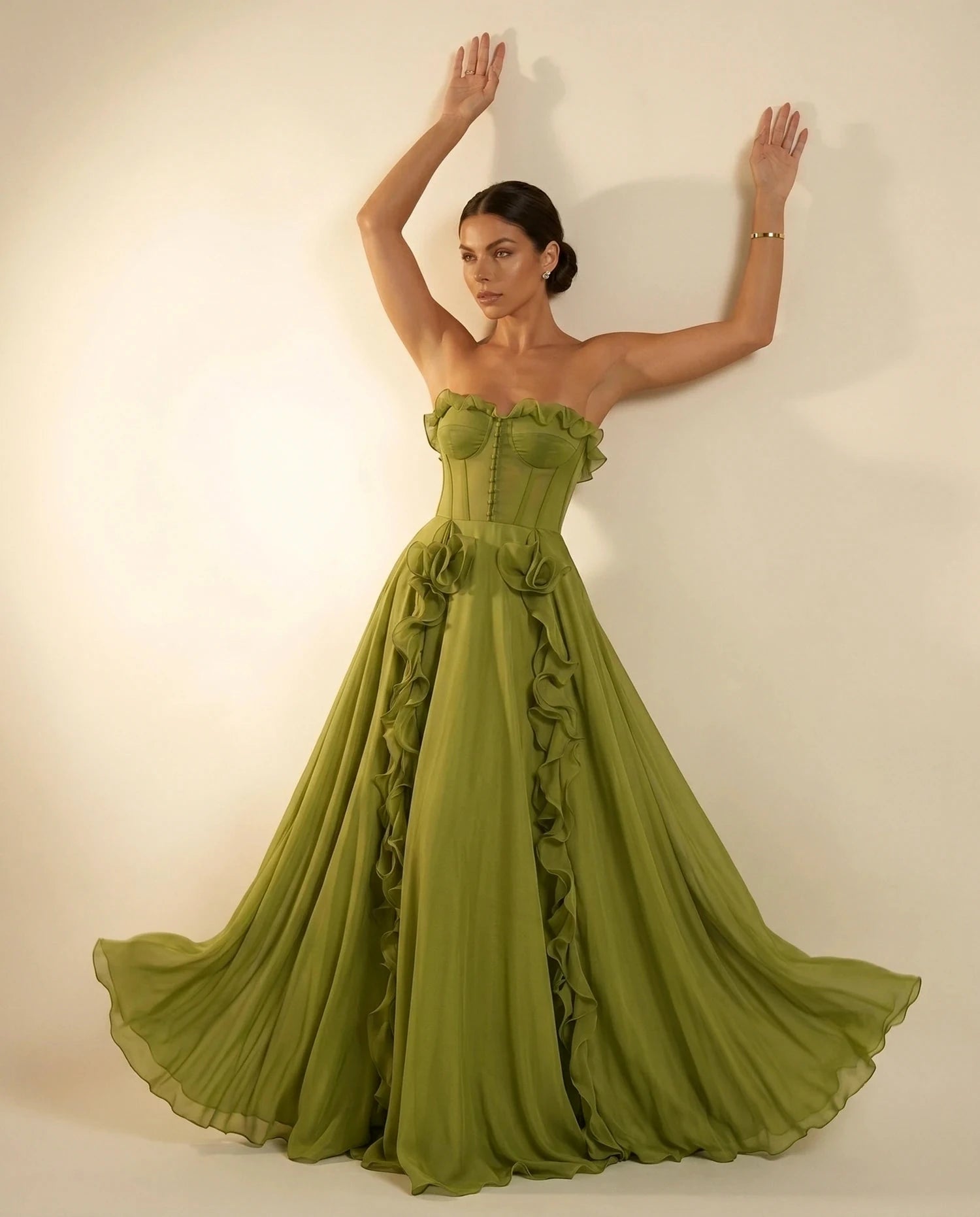 Verdessa Maxi Dress – Emerald Chiffon Strapless maxi dress, editorial wall pose by Slimona