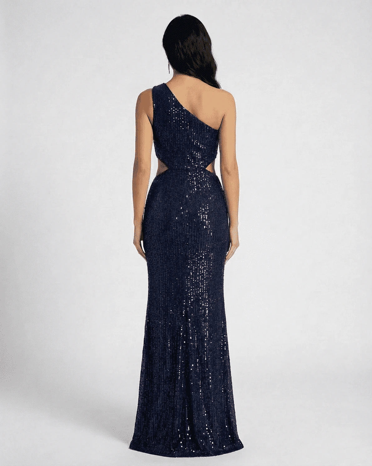 Camelia Maxi Dress – Camel Sequin One Shoulder maxi dress, side view by Slimona