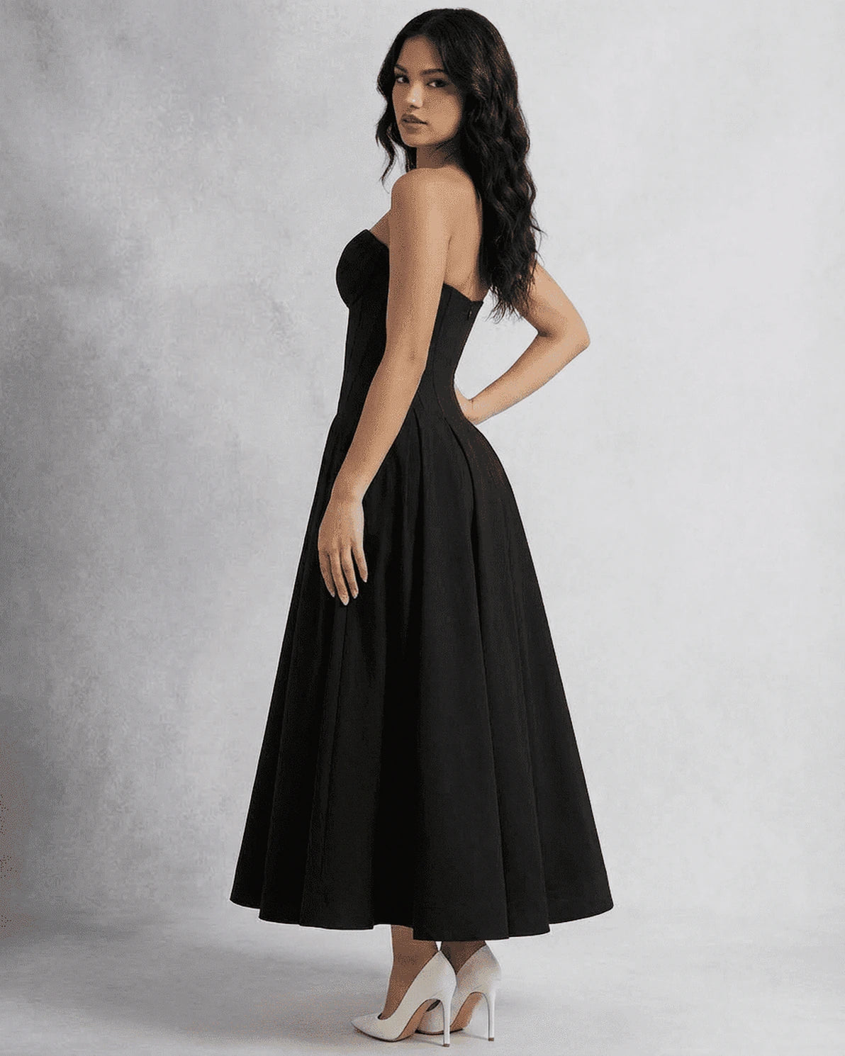 Nova Midi Dress – Black Strapless midi dress, side view by Slimona