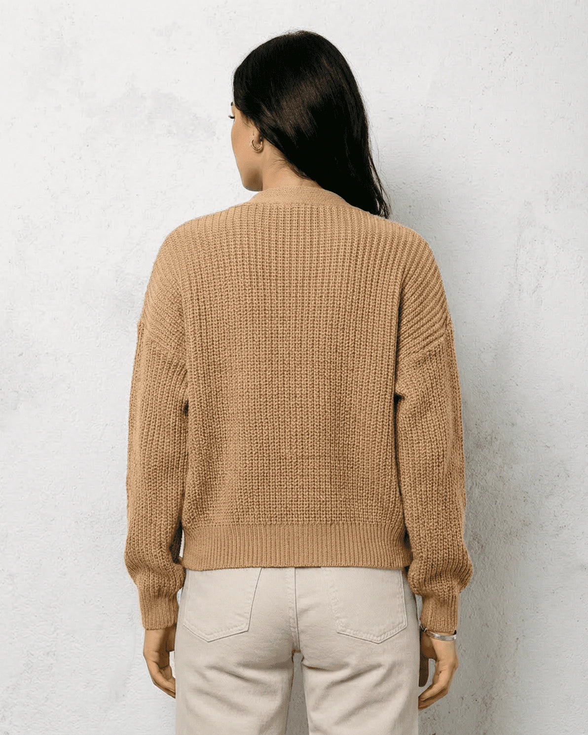 Saffron Cardigan – Beige Knit cardigan, side view by Slimona